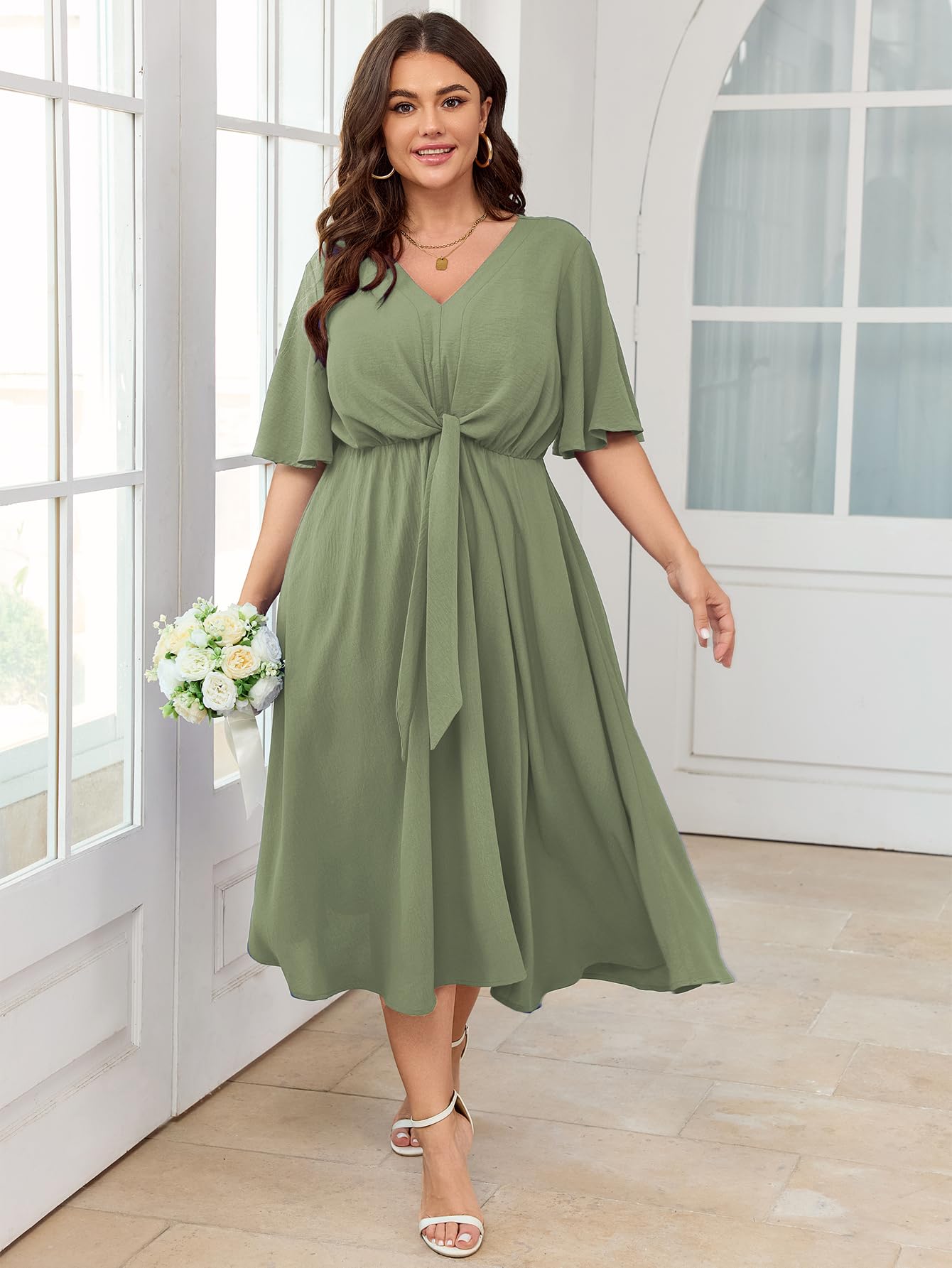 SCOMCHIC Women Plus Size Midi Dresses Wedding Guest Short Sleeve V Neck Tie Waist Casual Summer Flowy A Line Dress