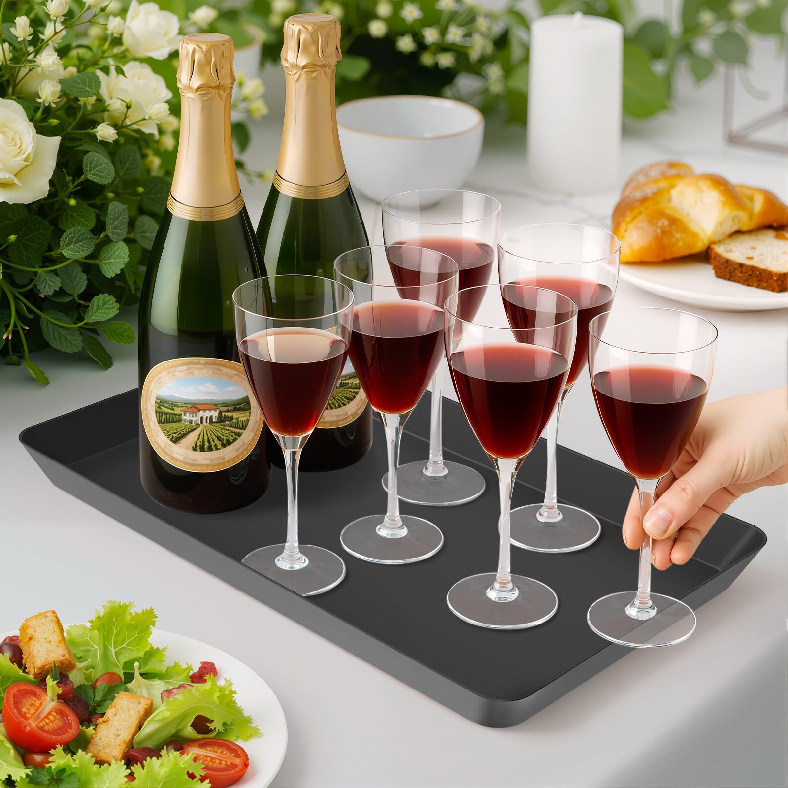 WOWBOX 4 pcs Serving Tray for Entertaining, Serving Platters for Snacks, Fruit, Cookies, Dessert, Reusable Plastic Trays for Serving Food, (White, Black, Green, Red)