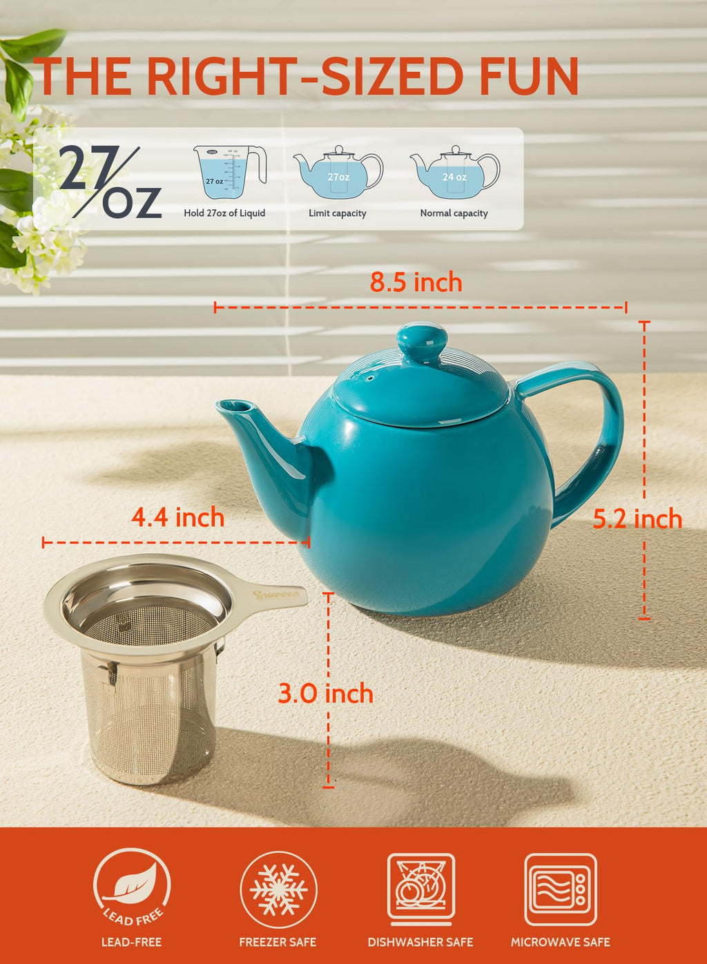 Sweese Porcelain Teapot 27 oz with Infuser for Loose Leaf Tea, Bluish Grey