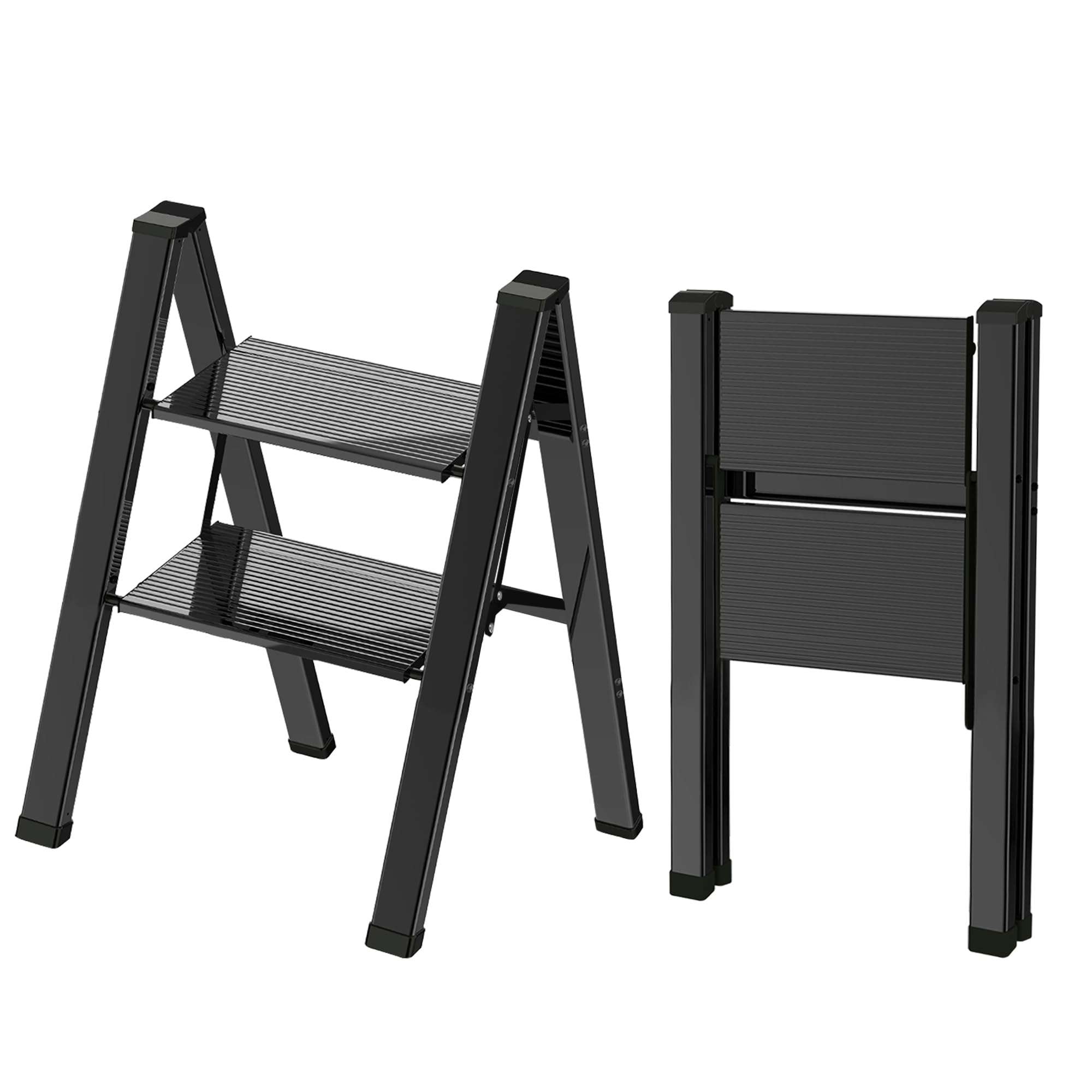 2 Step Lightweight Folding Ladder for Home, 330lbs Aluminum Step Ladder Anti-Slip for Kitchen, Step Stool Foldable Adults for Closet, 330lbs - Black