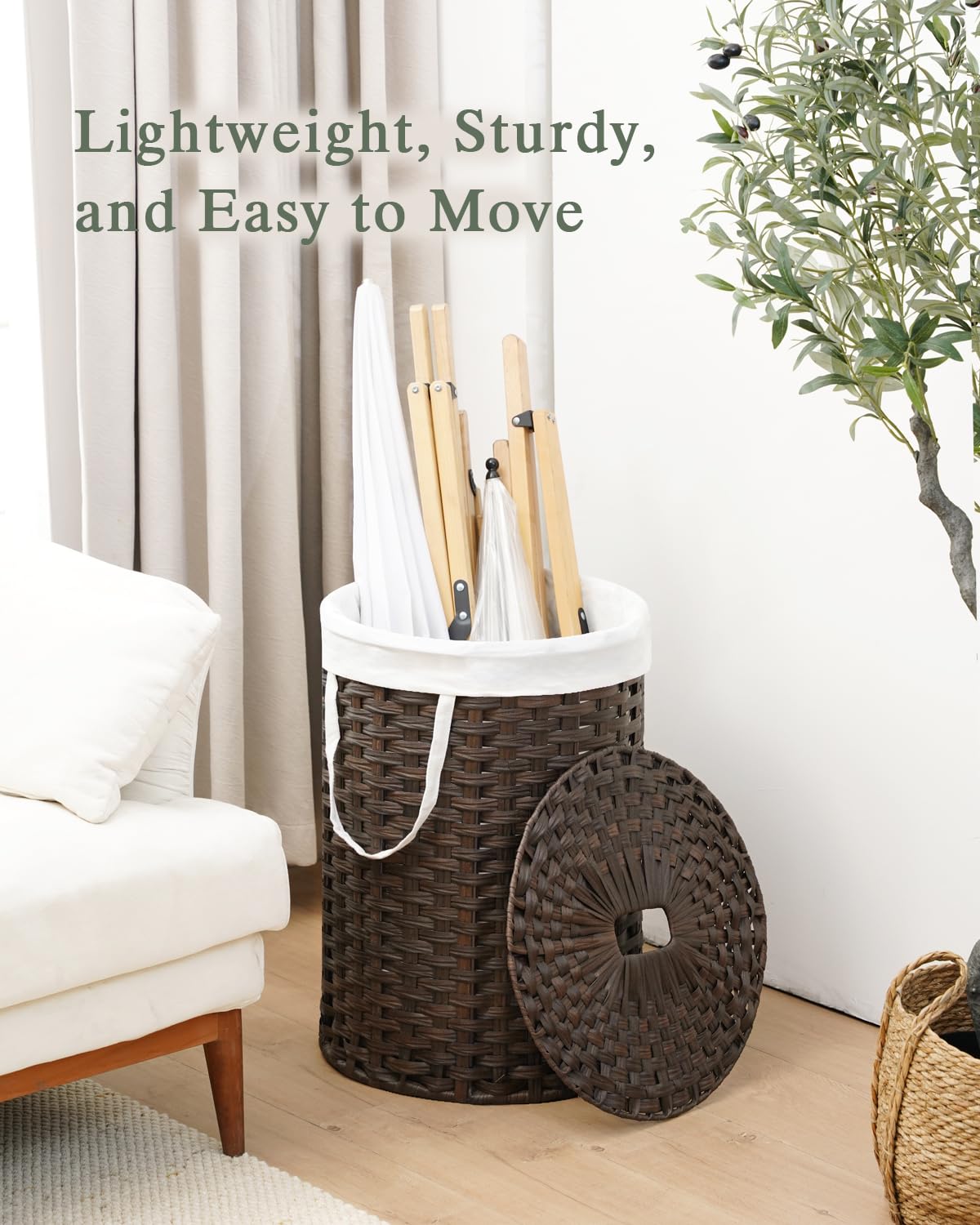 SETVSON Laundry Hamper with Lid Laundry Basket with Lid 19.0 Gal (72 L) Round Wicker Laundry Basket Handwoven Rattan Basket with Lid Removable Bag 2 Mesh Bags Handles for Living Room Bathroom Black