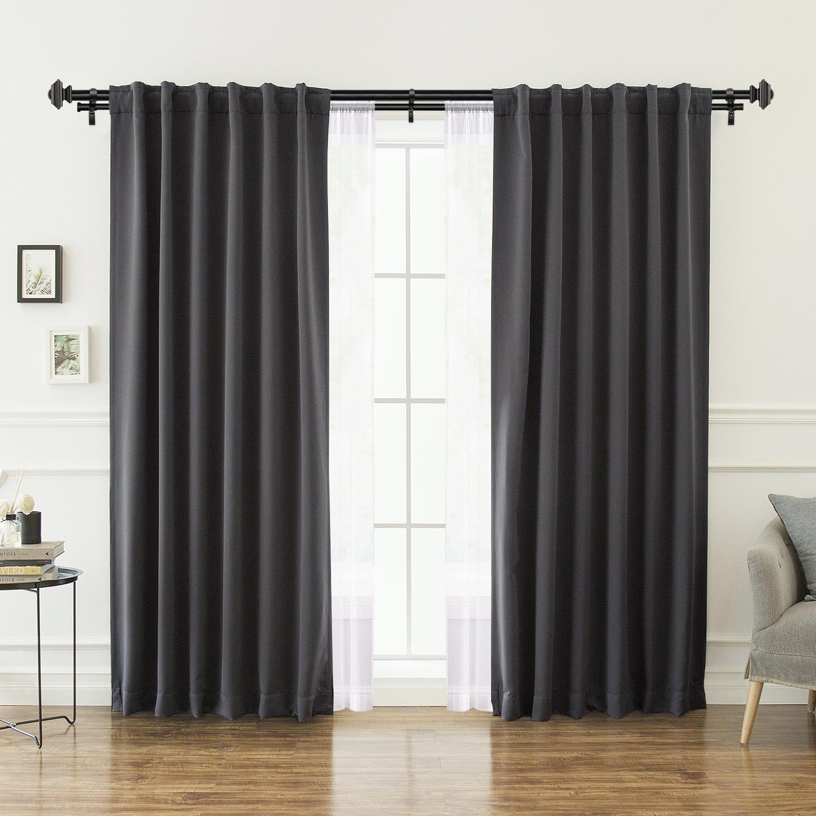 KAMANINA 1 Inch Double Curtain Rods 36 to 72 Inches (3-6 Feet) Telescoping Dark Silver Curtain Rod for Windows 24 to 68 Inches, Heavy Duty Drapery Rods with Square Finials