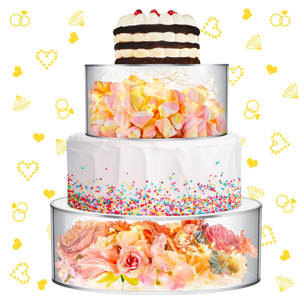 Sunnyray 2 Pcs Acrylic Cake Stands for Dessert Table Clear Fillable Cake Riser Cupcake Tier with LED Strings for Birthday Wedding Holiday Party Display(6'', 8'')