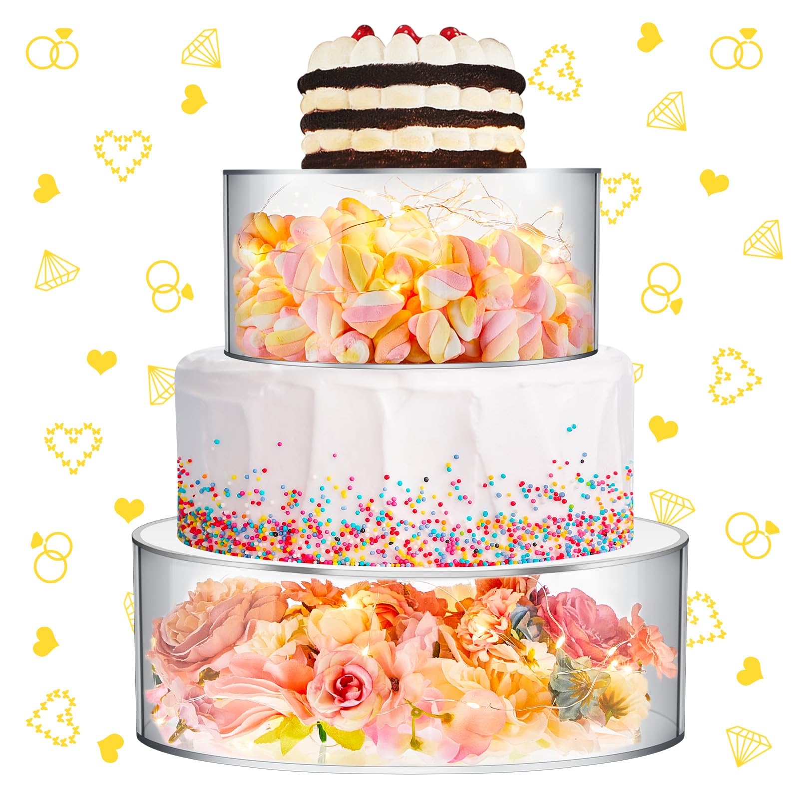 Sunnyray 2 Pcs Acrylic Cake Stands for Dessert Table Clear Fillable Cake Riser Cupcake Tier with LED Strings for Birthday Wedding Holiday Party Display(6'', 8'')