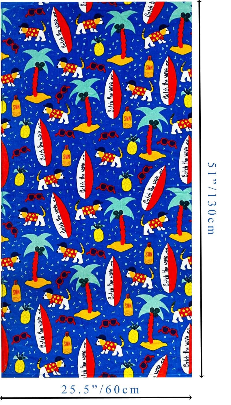 Kids Beach Towel Velour Terry Blanket Throw 100% Cotton Super Soft Absorbent 25.5X51 inches for Bath Swimming Sports Camping Holiday Picnic, Bus Coconut Parasol Lounge Audio Player.