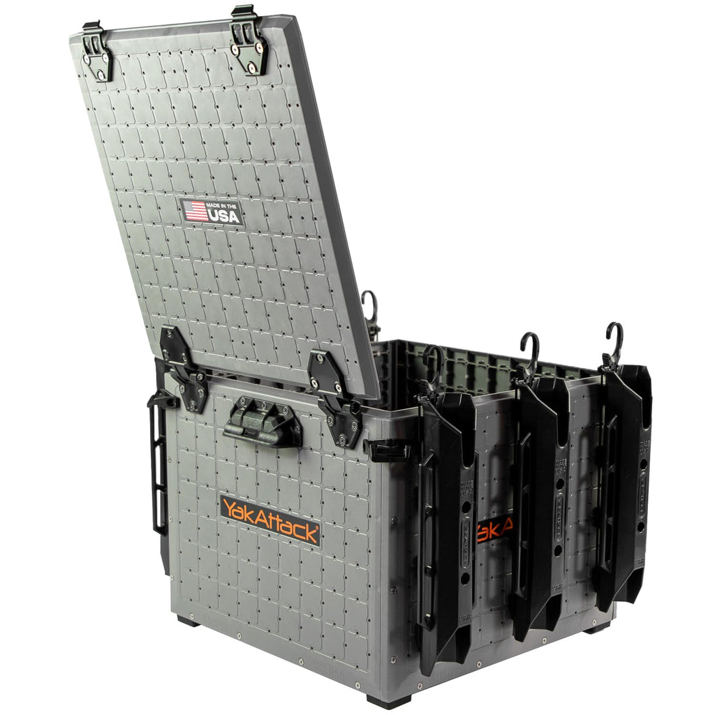 YakAttack BlackPak Pro 13" x 13" Fishing Crate with 3 Rod Holders - Battleship Grey | Compact Tackle Storage Box & Gear Organizer for Kayaks | Lightweight, Durable & Customizable Marine Accessory