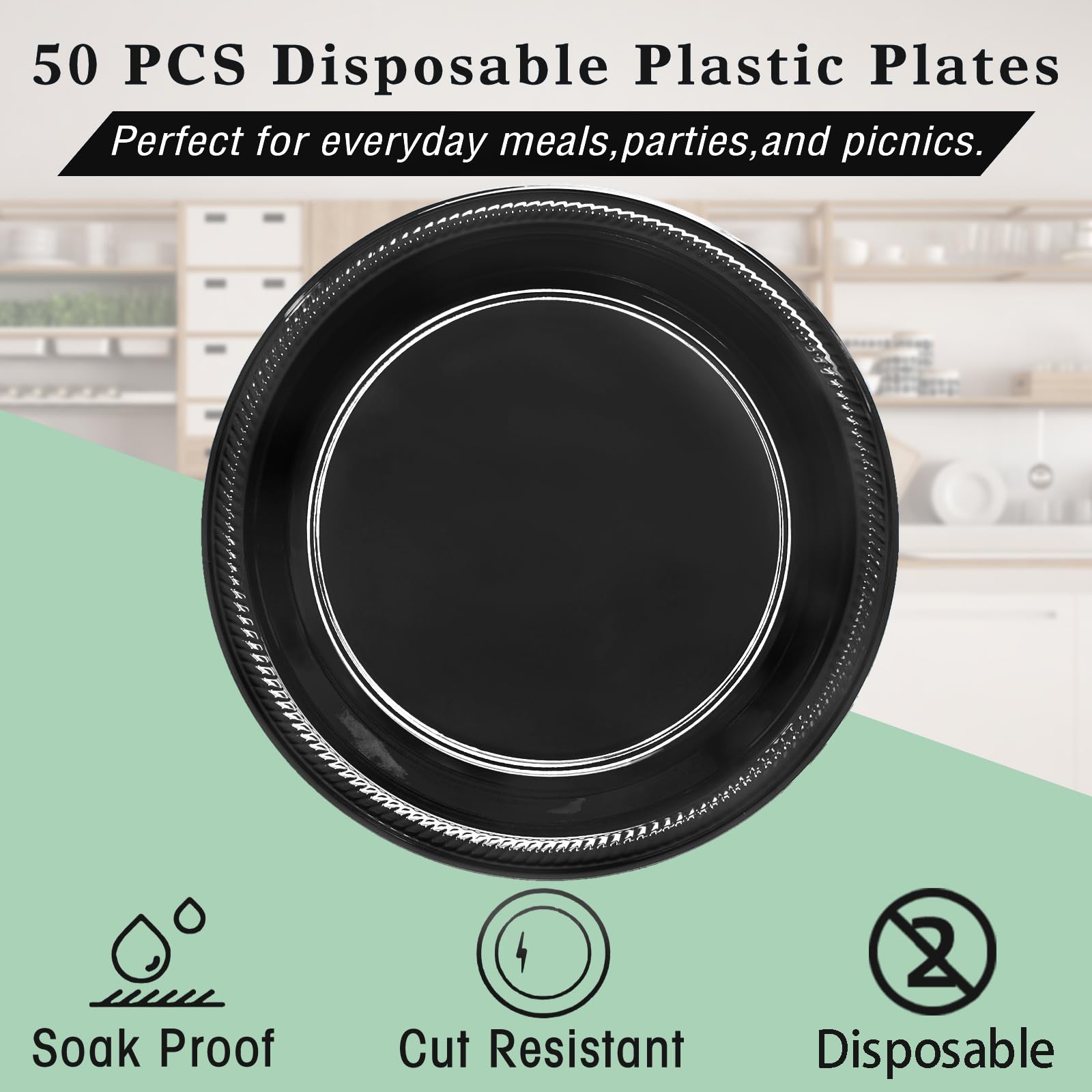 50 Pcs Black Plastic Plates, 10 Inch Black Plates, Black Party Plates Disposable for Birthday Weddings Fathers Day World Cup
