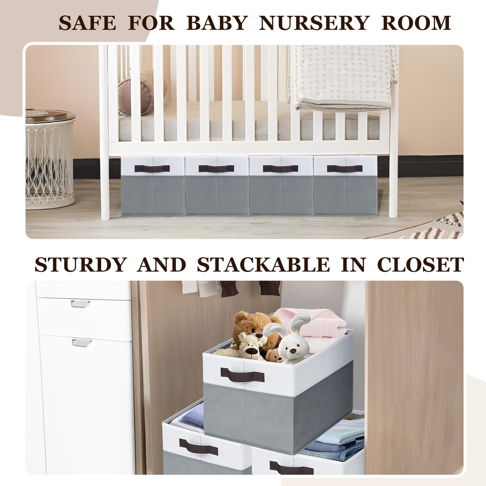 Criusia 4 Pack Baby Clothes Organizer Bins, Fabric Collapsible Storage Baskets with Handles, Odorless Storage Bins for Toy Clothes Nursery Kids Room Playroom Classroom (14L*10W*9.5H)