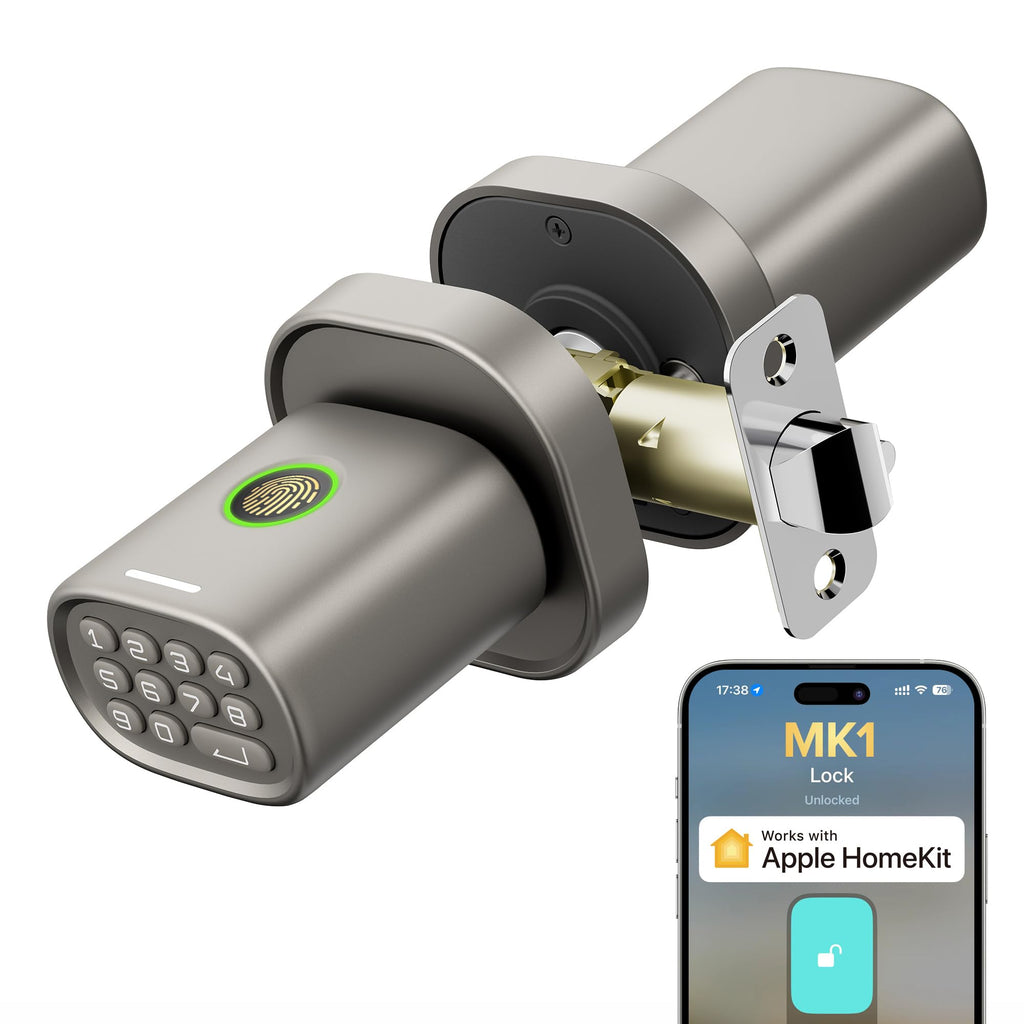 ThorBolt Fingerprint Door Lock with Keypad Door Knob, HomeKit Lock Over 𝗧𝗛𝗥𝗘𝗔𝗗, HomeKit Hub 𝗥𝗲𝗾𝘂𝗶𝗿𝗲𝗱, 𝗶𝗢𝗦 𝗢𝗡𝗟𝗬 Smart Lock for Interior Door, Bedroom, Office, MK1 Black