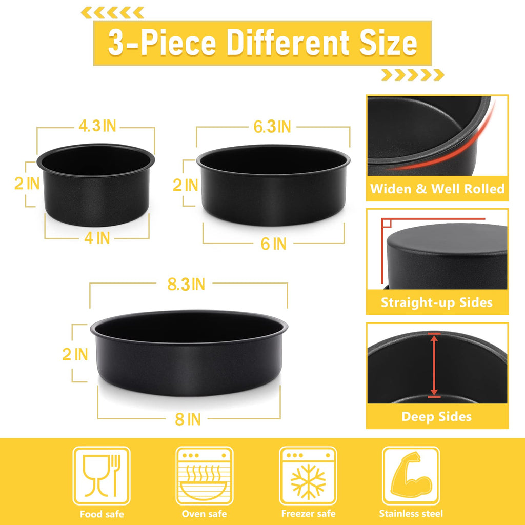 E-far 4 Inch Cake Pan Set of 3, Nonstick Stainless Steel Mini Round Cake Pans Tin, Small Size for Baking Smash Cakes/Cheesecake, Stainless Steel Core & Non-toxic Coating, Straight Side & 2 Inch Deep