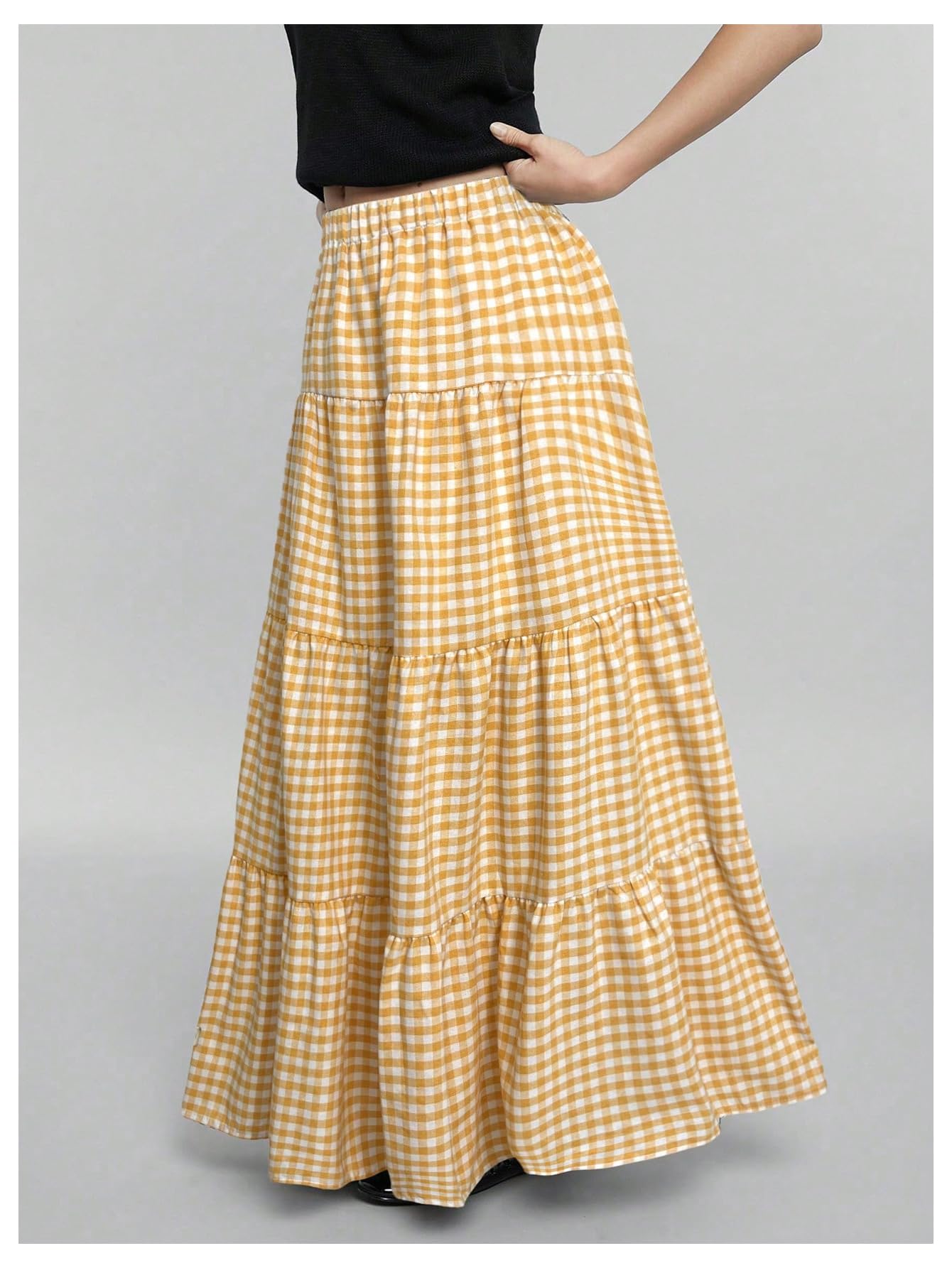 MakeMeChic Women's Plaid Maxi Skirts A Line Ruffle Tiered Layer Y2K Flowy Casual Long Skirts