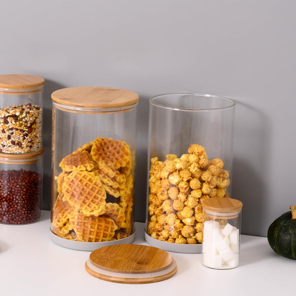 SHOWIN 73oz Glass Pasta Storage Jars, Tall Glass Jars with Bamboo Lids, Spaghetti Container, Set of 3, Kitchen Storage Containers for Pasta, Pantry Organizers