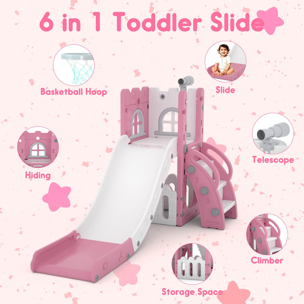LulliSpace 6 in 1 Toddler Slide,Kids Playset for Toddlers Indoor Outdoor, Baby Slide with Basketball Hoop, Telescope & Storage Space,Non-Slip Steps for Great Gift