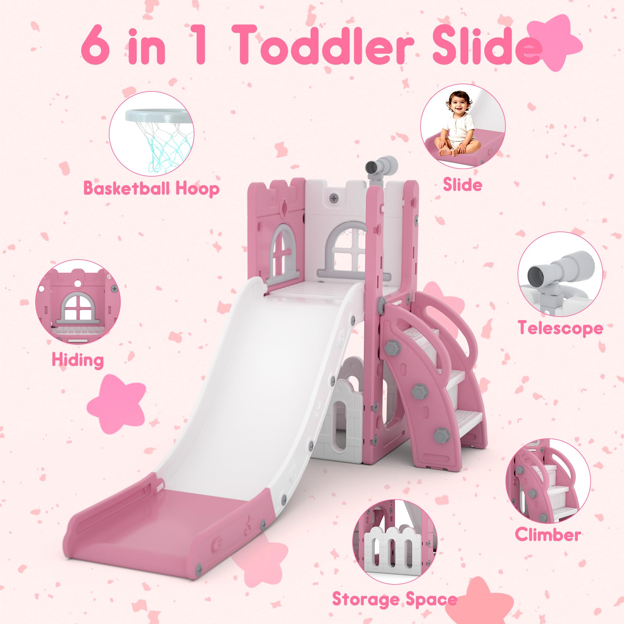 LulliSpace 6 in 1 Toddler Slide,Kids Playset for Toddlers Indoor Outdoor, Baby Slide with Basketball Hoop, Telescope & Storage Space,Non-Slip Steps for Great Gift