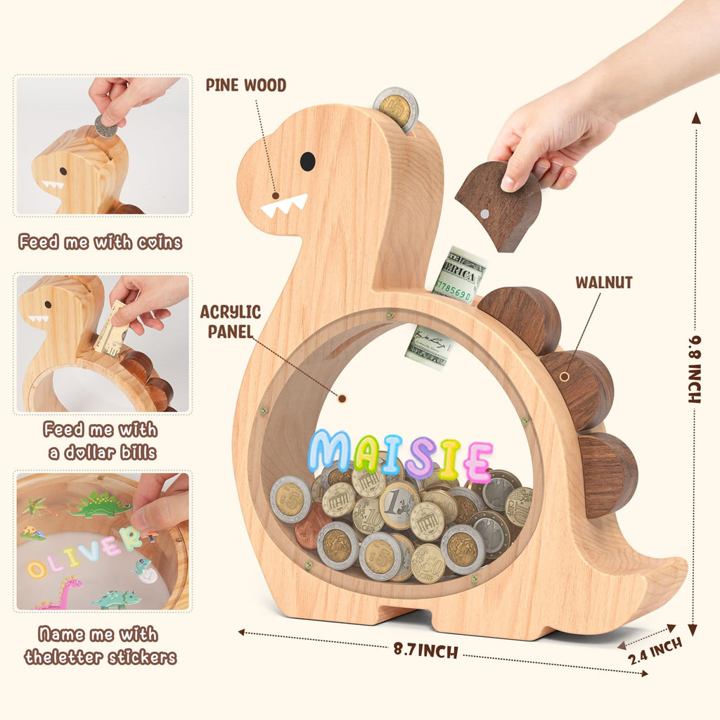 Summidate Wooden Dinosaur Piggy Bank for Kids Boys, Cute Wood Dino Money Bank for Toddlers, Creative Saving Coin Jar, Personalized Present for Child Birthday & Decor (Brachiosaurus, Custom)