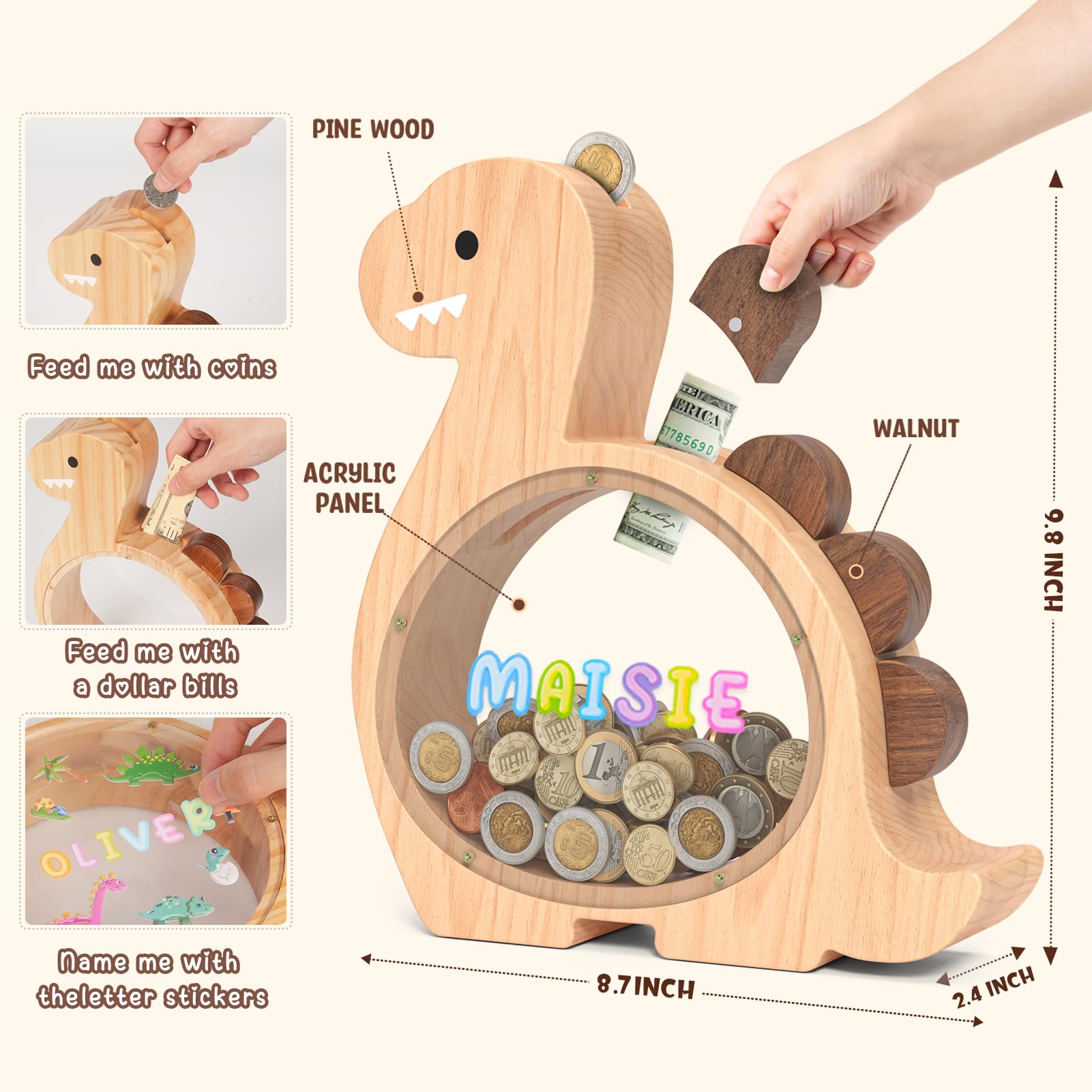 Summidate Wooden Dinosaur Piggy Bank for Kids Boys, Cute Wood Dino Money Bank for Toddlers, Creative Saving Coin Jar, Personalized Present for Child Birthday & Decor (Brachiosaurus, Custom)