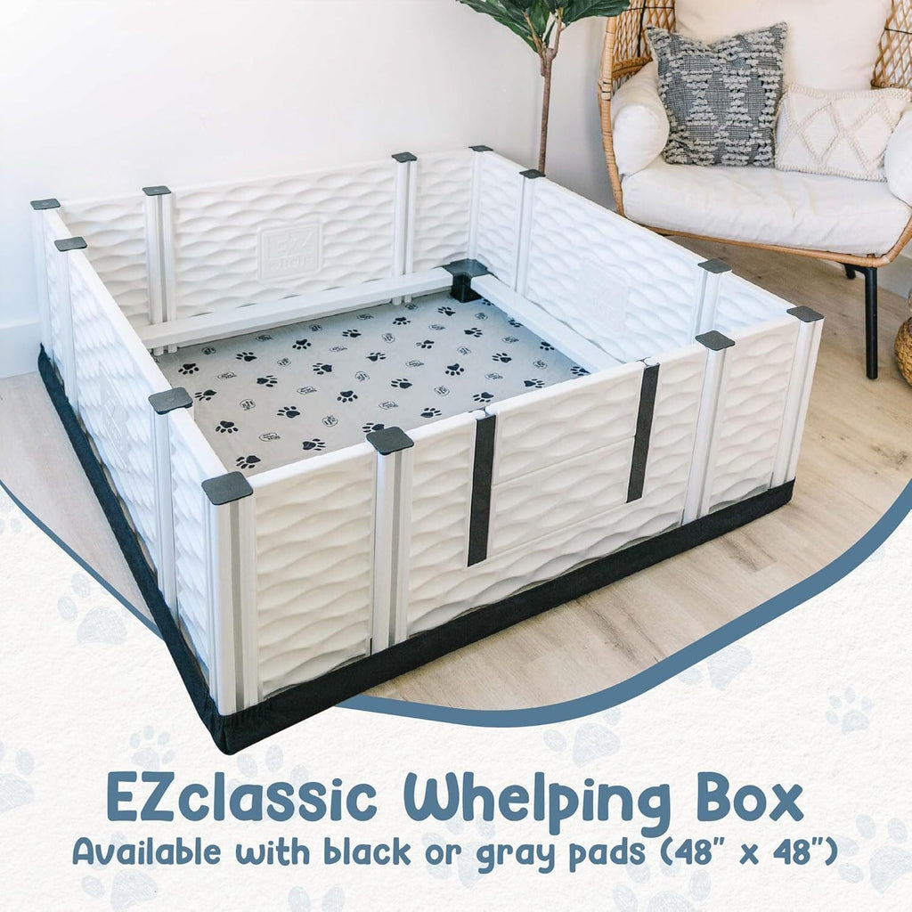 EZwhelp EZclassic Windowed 48"x48"x18" Whelping Box with Rails and Windowed Walls, Padded Dog Whelping Box, Black Pad