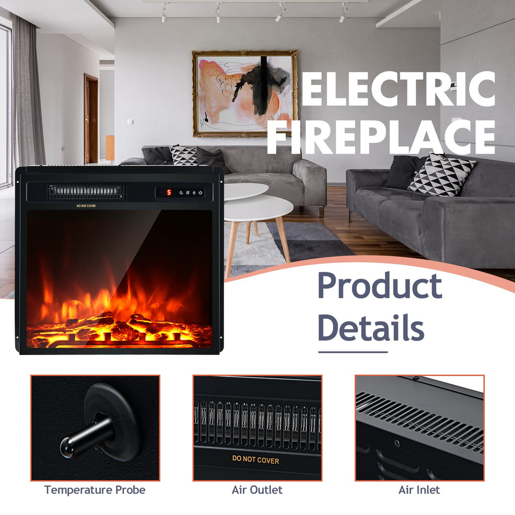 Giantex 18" Electric Fireplace Insert Heater, Wall Recessed/Mounted Fire Places Electric Fireplace with Remote, 2 Modes Heat, 9H Timer, 5 Brightness, 750/1500W Freestanding Fireplace