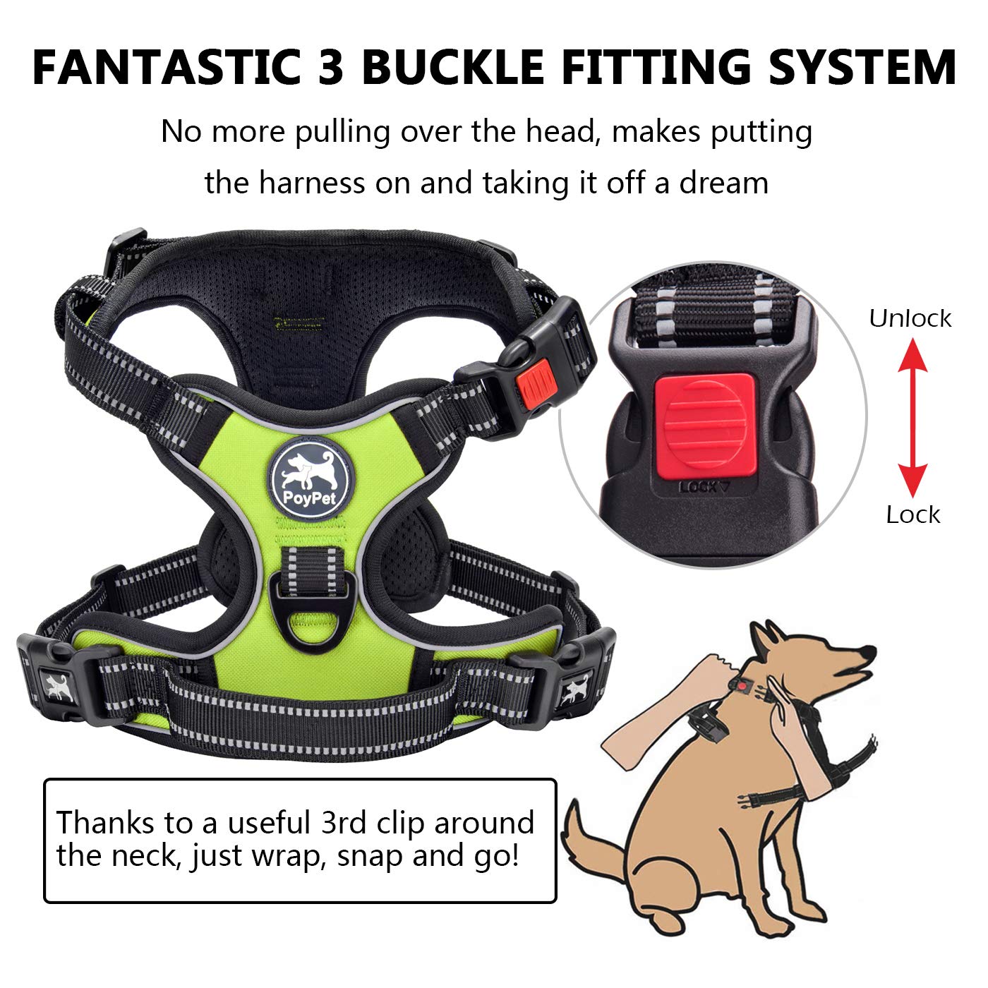 PoyPet No Pull Dog Harness, No Choke Front Lead Dog Reflective Harness, Adjustable Soft Padded Pet Vest with Easy Control Handle for Small to Large Dogs(Black,XS)