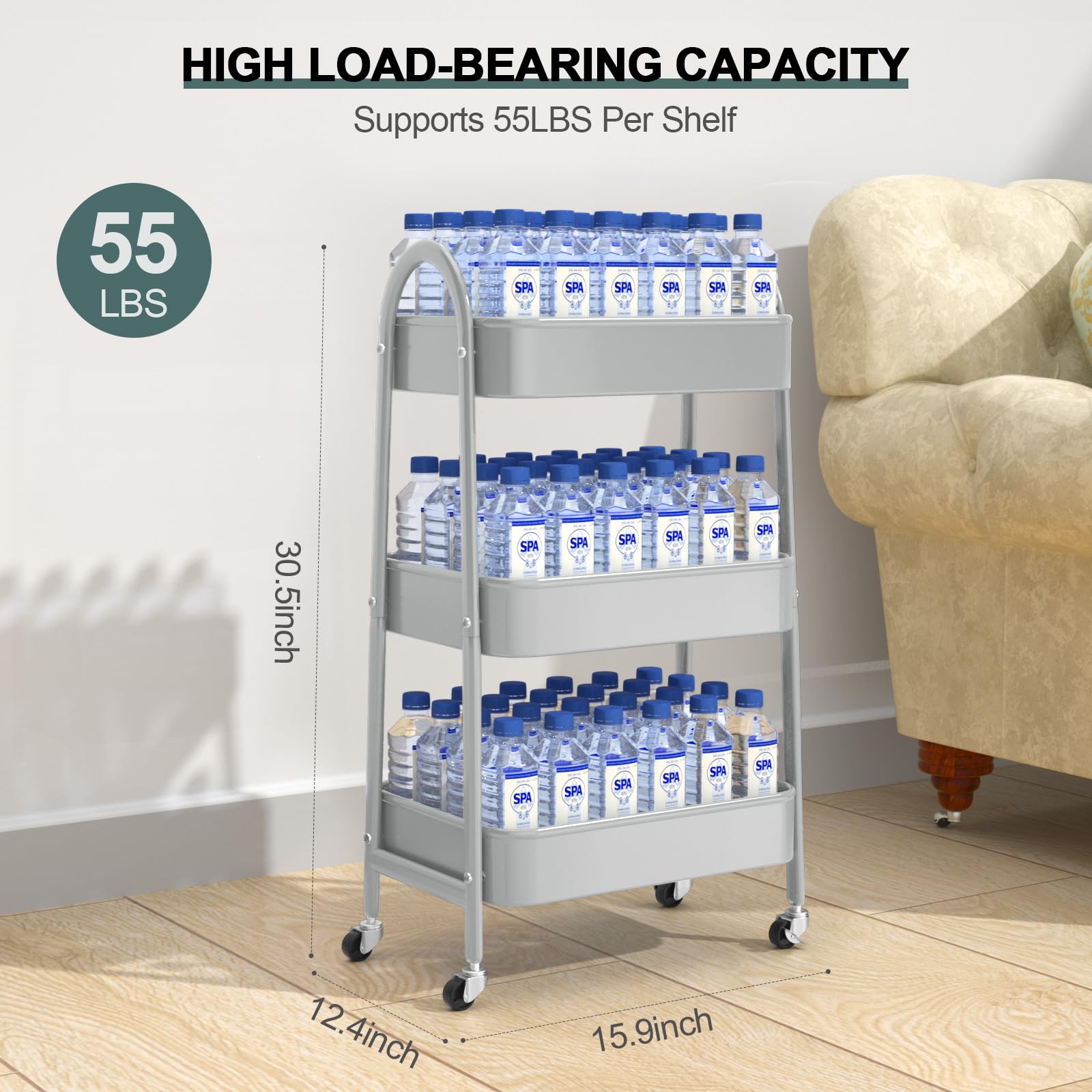 EAGMAK 3 Tier Rolling Cart, Large Metal Storage Cart with Handle and Lockable Wheels, Big Multifunctional Storage Organizer Trolley with Mesh Baskets for Kitchen, Living Room, Office, Garage (Beige)