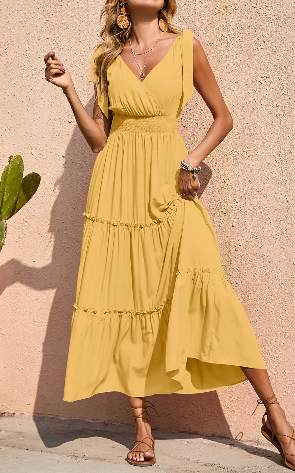 PRETTYGARDEN Women's Cross Neck Summer Sleeveless Tiered Maxi Dress Beach Tie Strap Smocked Long Dresses Pleated Sundress