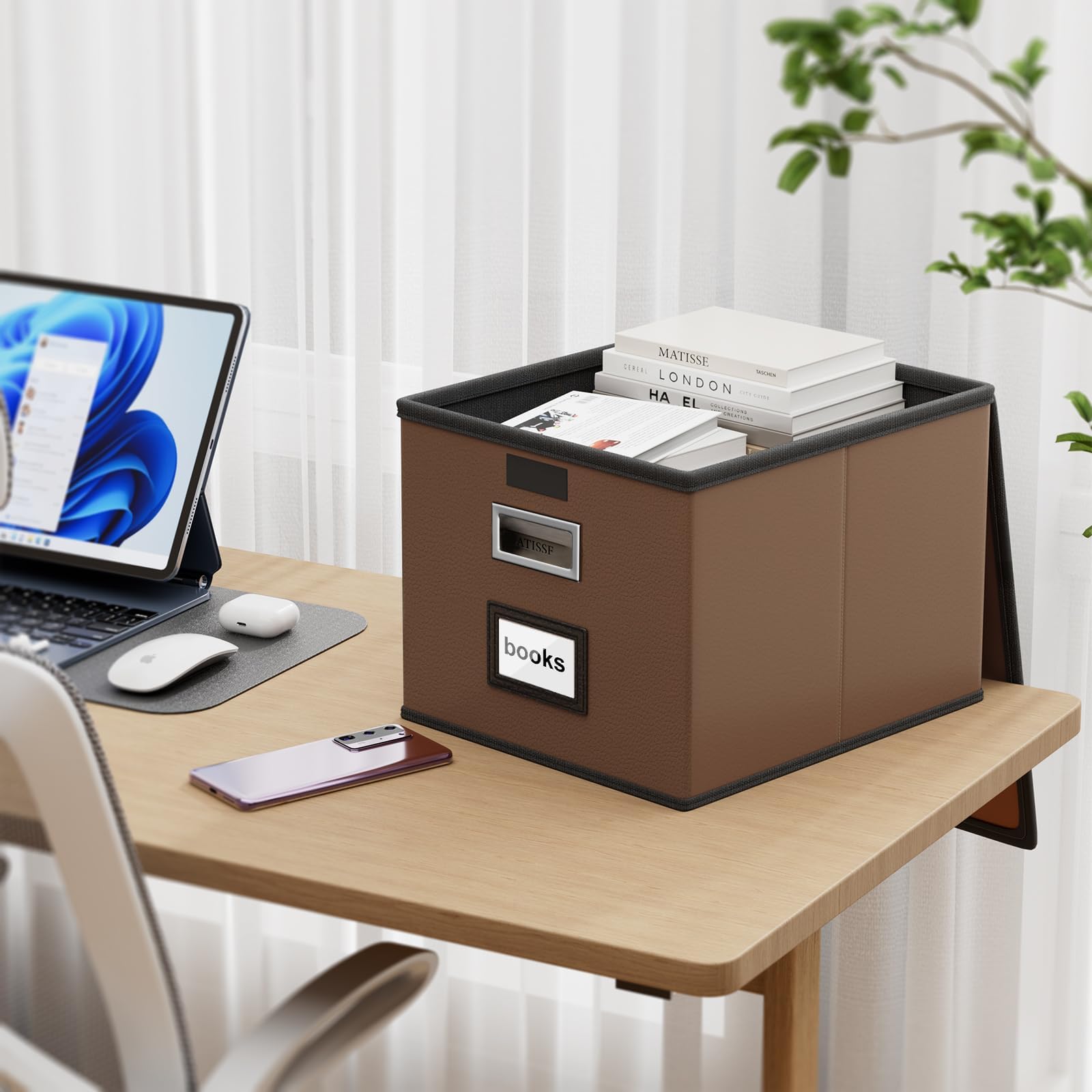 File Organizer Box with Lid, Collapsible Faux Leather Hanging File Folder Box Organizer with Plastic Slides, Decorative Home/Office Filing System Boxes for File and Folders Storage