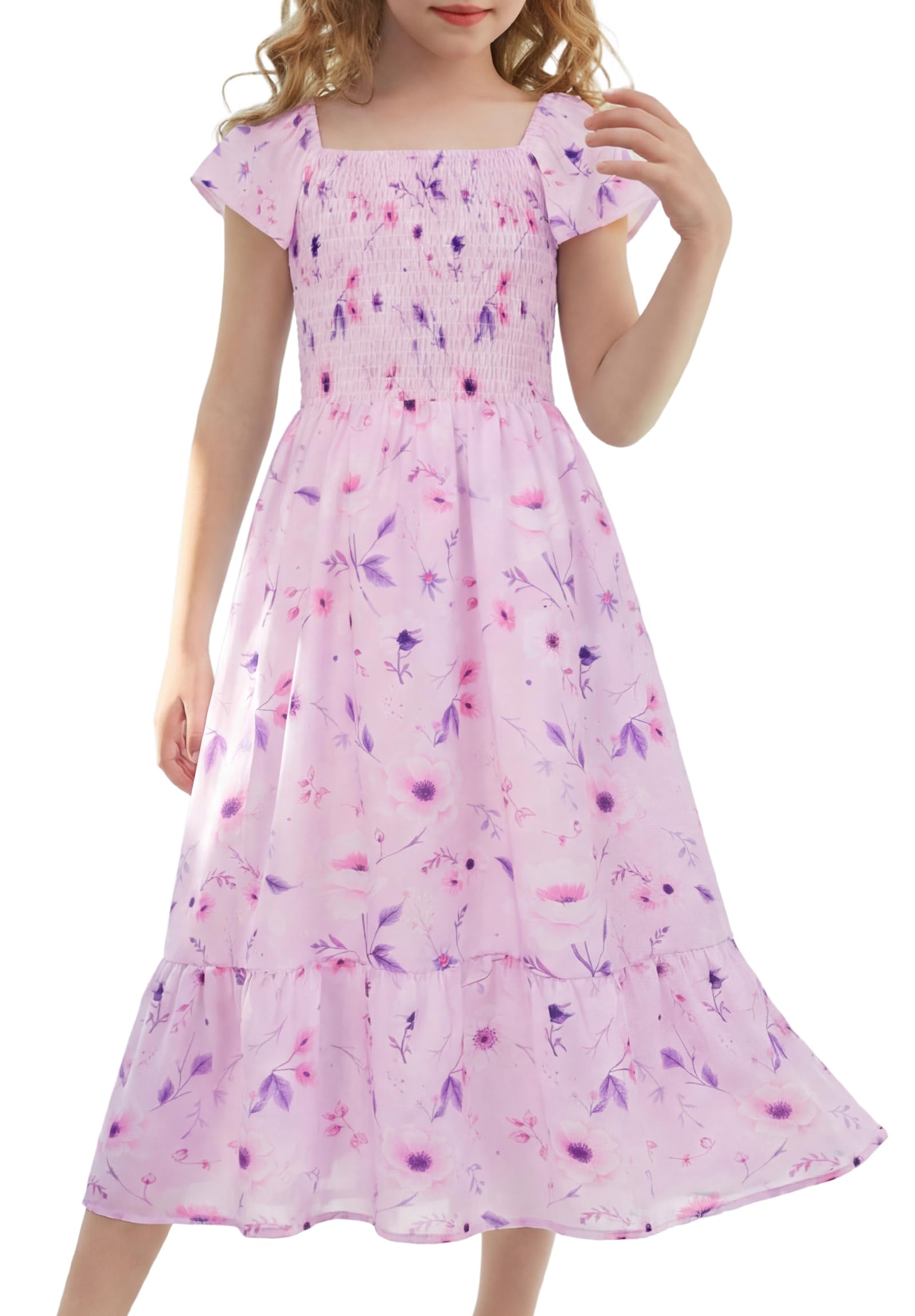 GRACE KARIN Girls Flutter Sleeve Floral Dresses Girl Long Midi Spring Dress Kids Smocked Flare Summer Dress 6-16Y