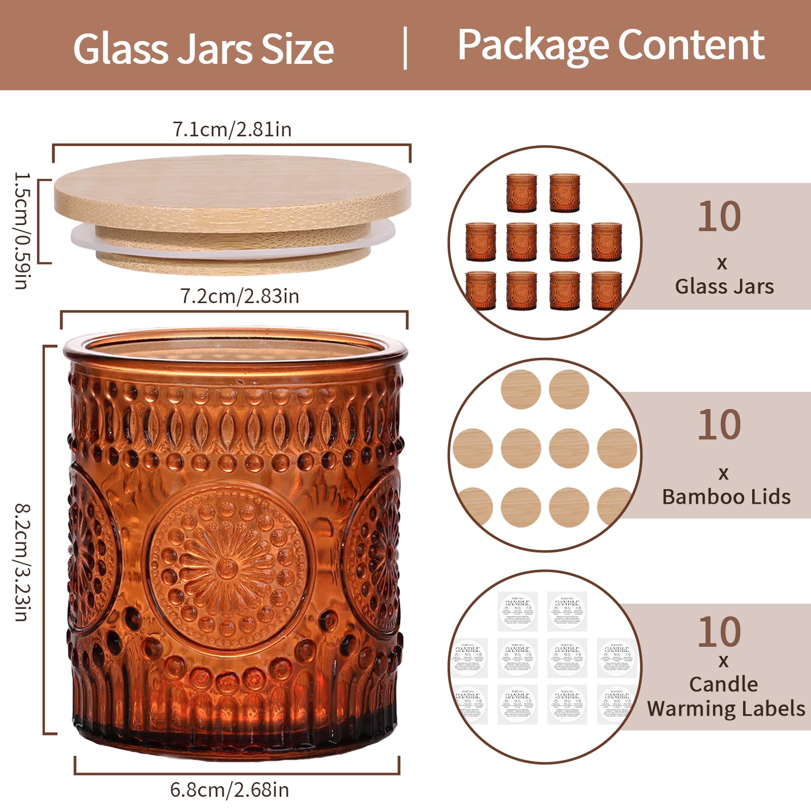 DARJEN 10 Pack Amber Candle Jars for Making Candles- 7.5 OZ Empty Glass Candle Making Jars with Bamboo Lids and Labels, Candle Making Supplies Candle Containers for Home DIY