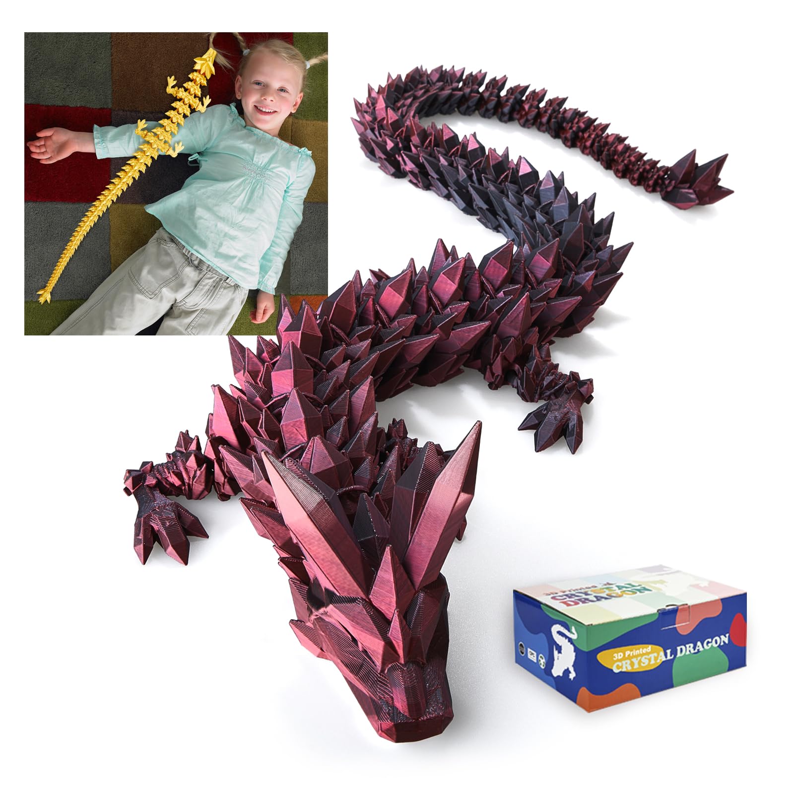 24" Large 3D Printed Dragon - Huge Articulated Crystal Dragon Fidget Toy, Giant Flexible 3D Dragon Figure, Birthday Gift for Boys Girls Kids & Collectors, Home Office Executive Desk Decor