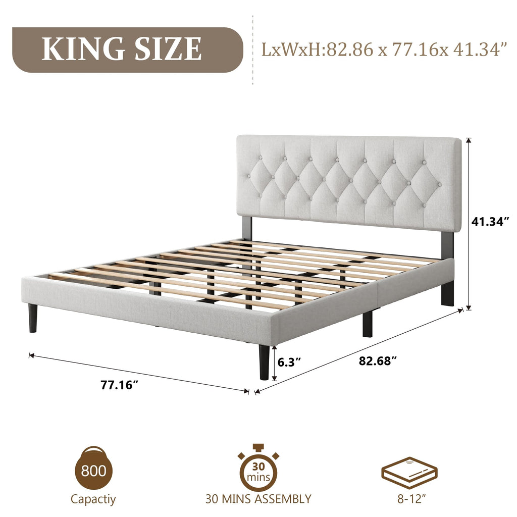 CXVX Full Size Platform Bed Frame with Upholstered Headboard, Button Tufted Design, Strong Wooden Slats, No Box Spring Needed, Easy Assembly, Noise Free