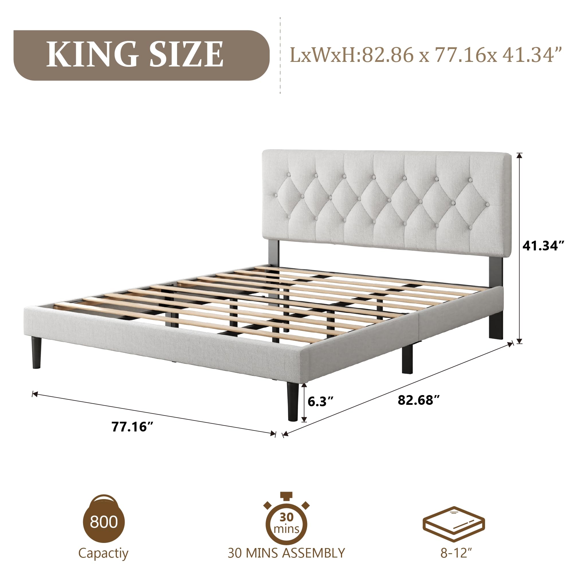 CXVX Full Size Platform Bed Frame with Upholstered Headboard, Button Tufted Design, Strong Wooden Slats, No Box Spring Needed, Easy Assembly, Noise Free
