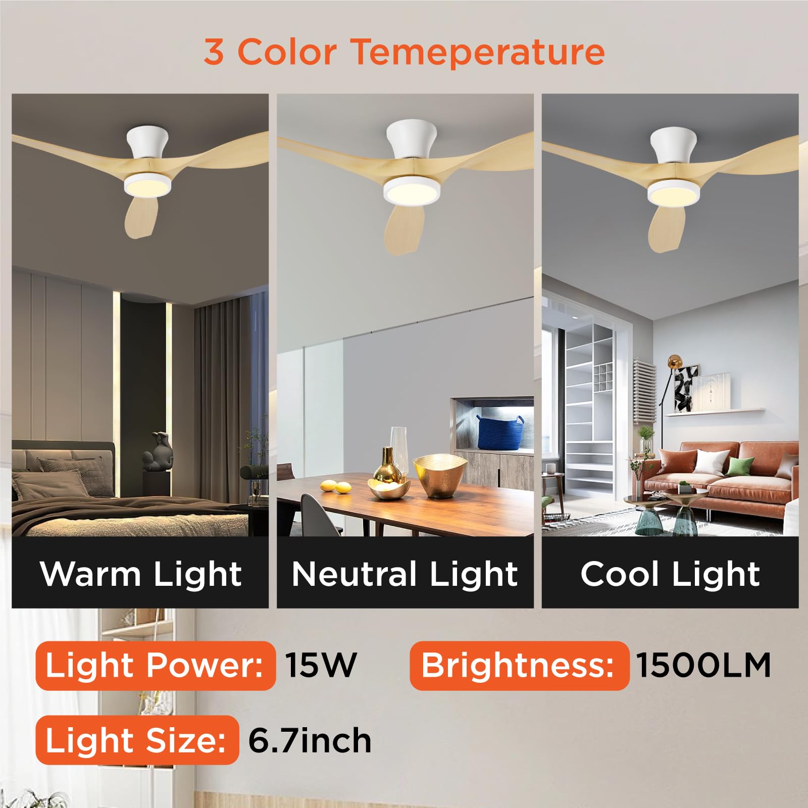 TALOYA Ceiling Fans with Lights,42 inch Modern Low Profile Ceiling Fan with Light and Remote Control, Flush Mount, 3CCT, White Ceiling Fan for Bedroom Living Room and Patio