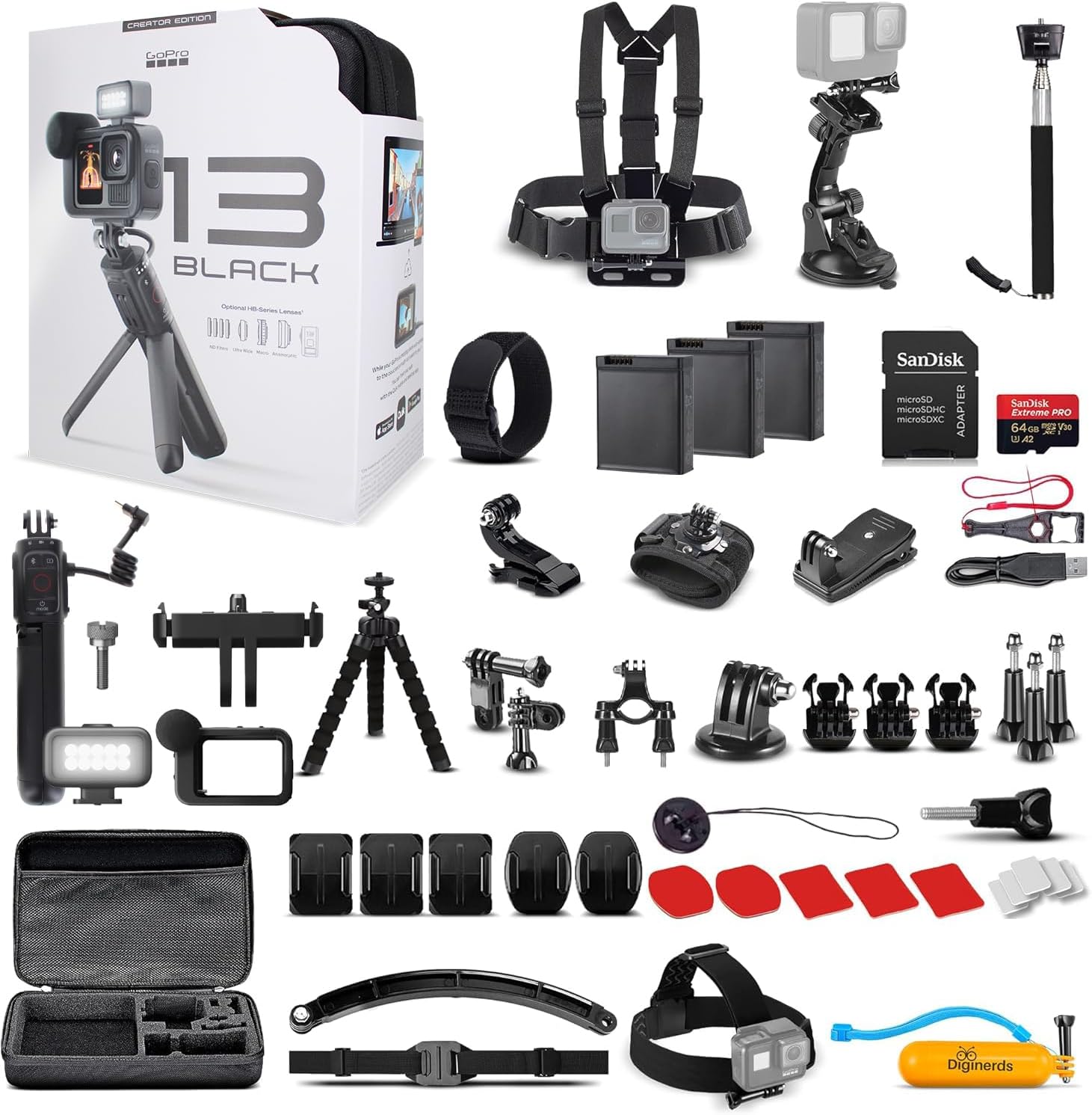 GoPro HERO13 Black Creator Edition - Includes Volta (Battery Grip, Tripod, Remote), Media Mod, Light Mod, Waterproof Action Camera + 64GB Card, 50 Piece Accessory Kit and 2 Extra Batteries