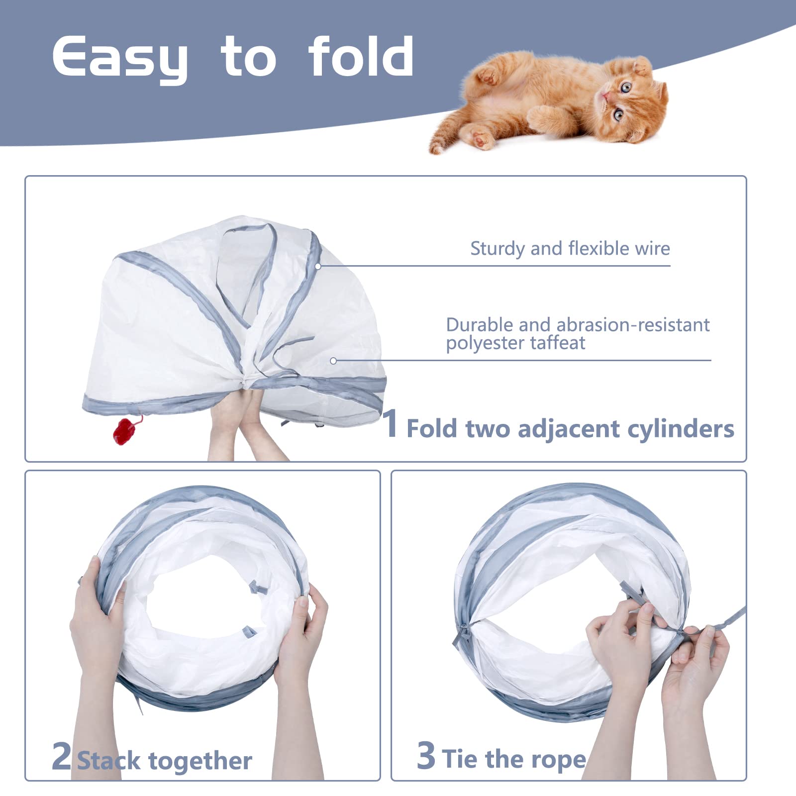Sheldamy Cat Tunnel, 2-Way Collapsible Play Tunnel, Interactive Toy Maze for Small Animals, Suitable for Kittens, Puppies, Rabbits, Ferrets, Blue & Black