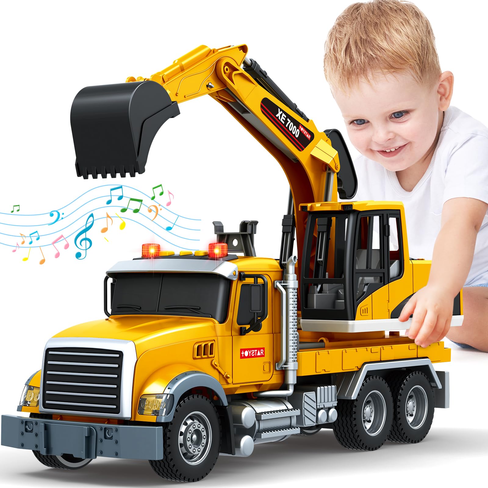 Bstoyder Kids Toys for 3 4 5 6 7 8 Years Old Boys, 15" Crane Truck Toy with Lights, Sounds, Toddler Friction Powered Truck Vehicle Toy for Boys Girls Birthday Gifts