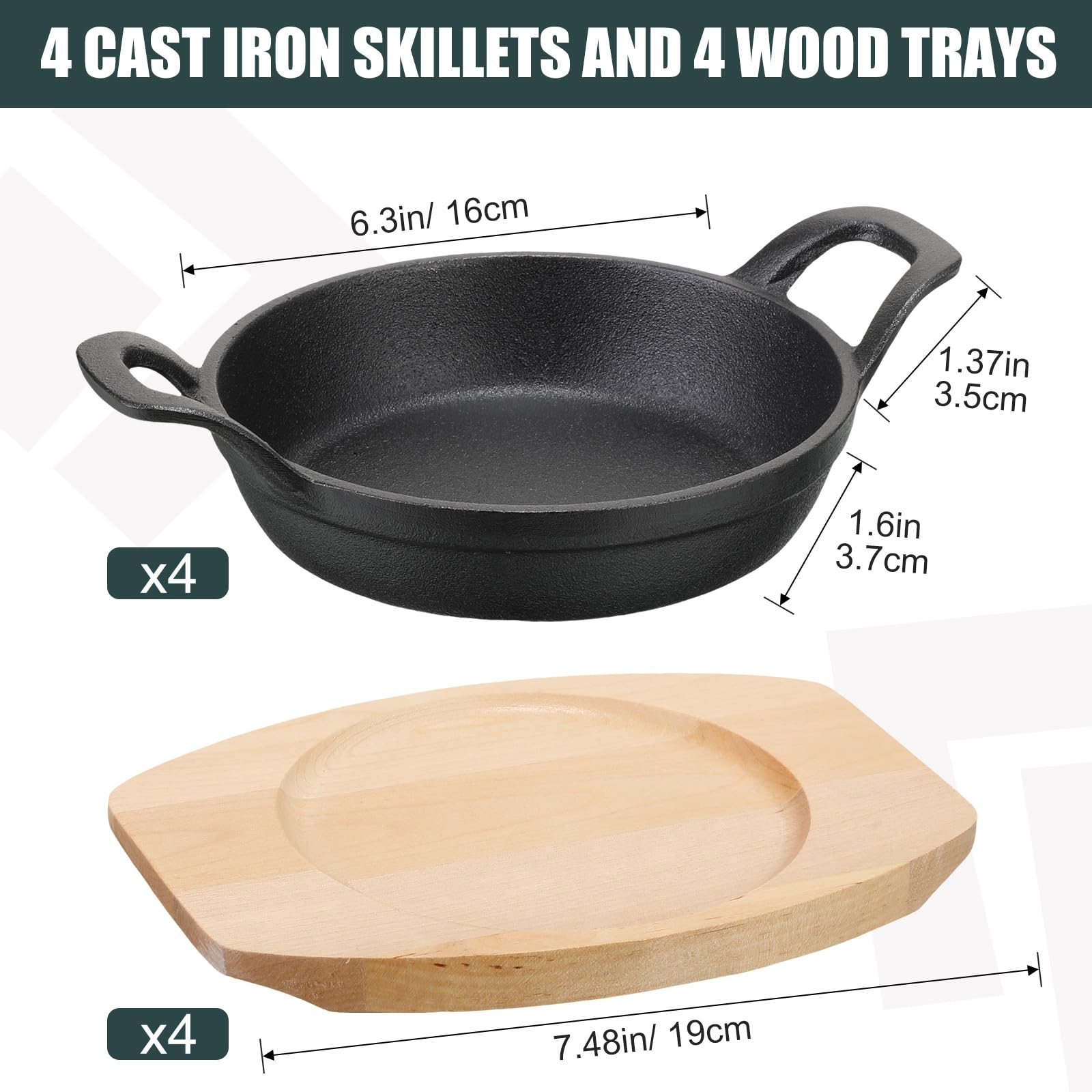Sliner 4 Sets Mini Cast Iron Skillet Small Cast Iron Plates Skillet with Wooden Base Small Round Pan Fajita Plate Pot for Baking Cooking(3.9 Inch)
