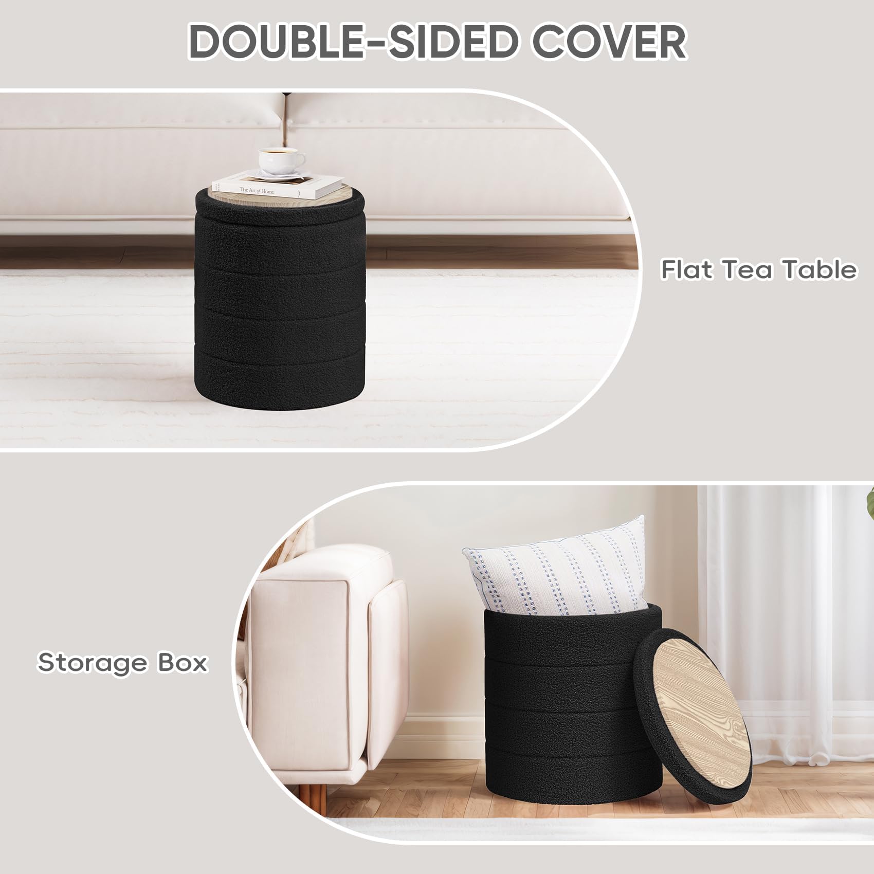 PINPLUS Round Storage Ottoman Foot Rest Stool with Tray Velvet Sherpa Folding Storage Ottoman,Boucle Foot Rest for Living Room, Bedroom, Dorm（Beige）