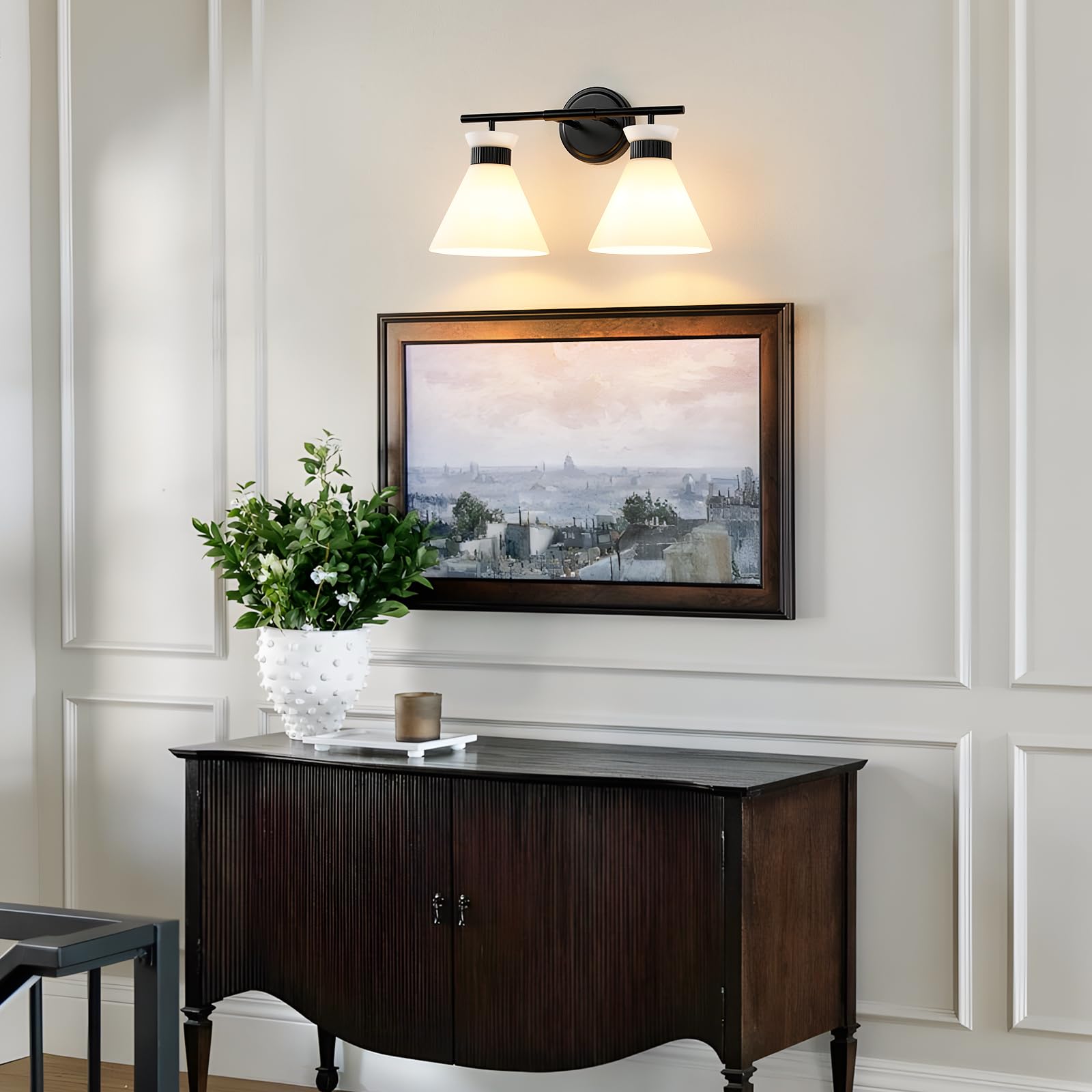 WOSHITU Gold Bathroom Light Fixtures: Modern Vanity Lighting Fixtures 2 Lights for Bathroom Mid Century Vanity Light Sconces Over Mirror with Frosted Milky Glass for Bath Bedroom Makeup