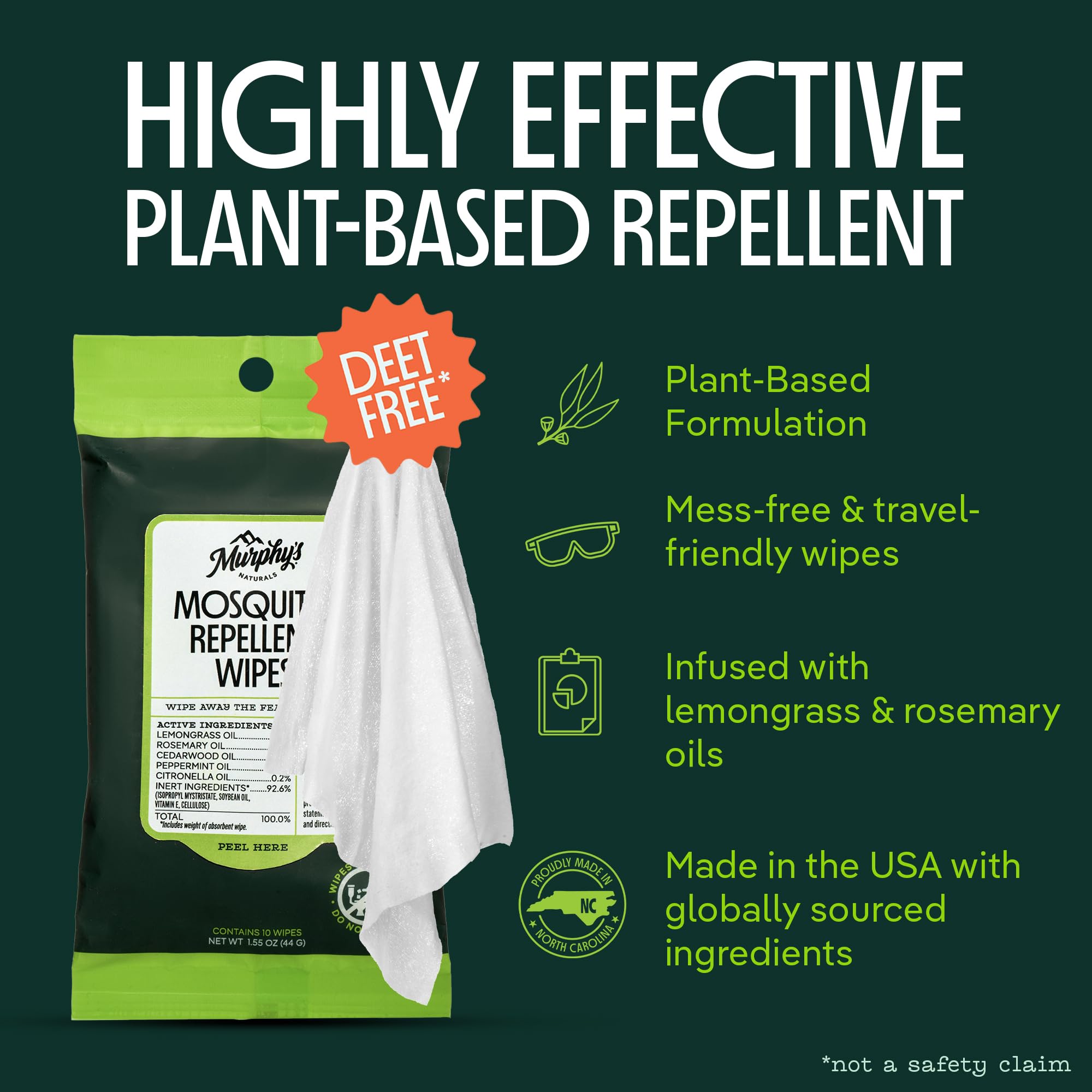 Murphy’s Naturals Mosquito Repellent Wipes, Improved Resealable Pack, Plant-Based Lemongrass & Rosemary, 10 Wipes, 3-Pack