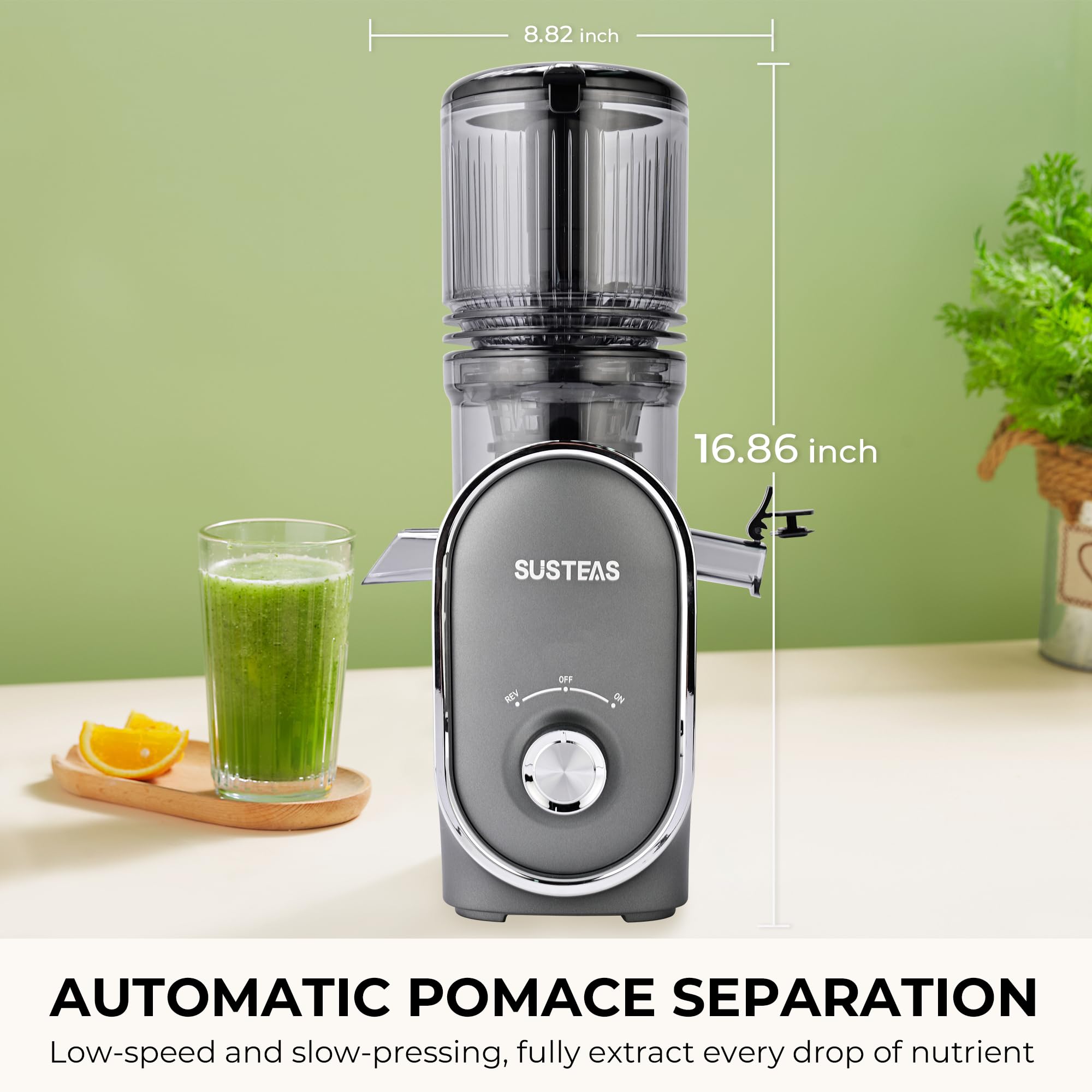 SUSTEAS Cold Press Juicer, 5.3" Feed Chute Slow Masticating Machines with 300W, Fit Whole Fruits & Vegetables, High Juice Yield, Easy to Clean, White