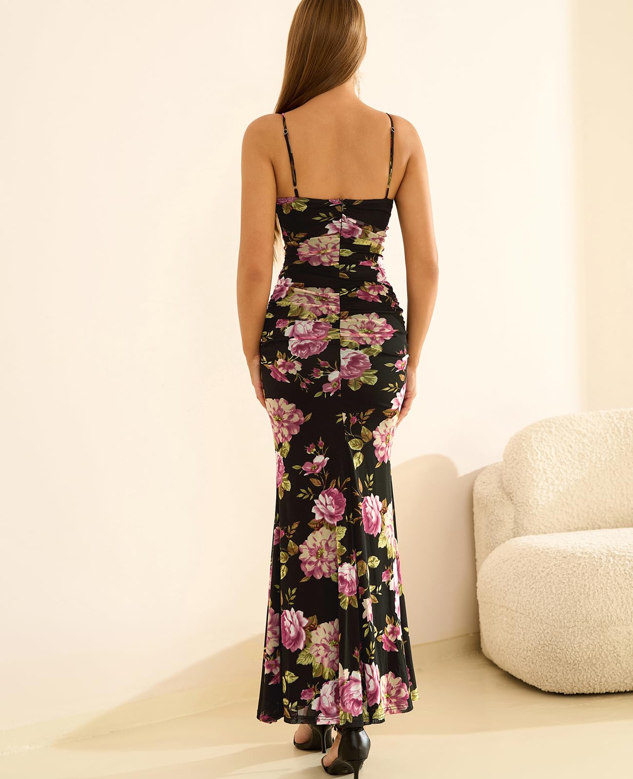 GLNEGE Women's Floral Wedding Guest Formal Maxi Dress Bodycon Spaghetti Strap V Neck Elegant Cocatail Dresses