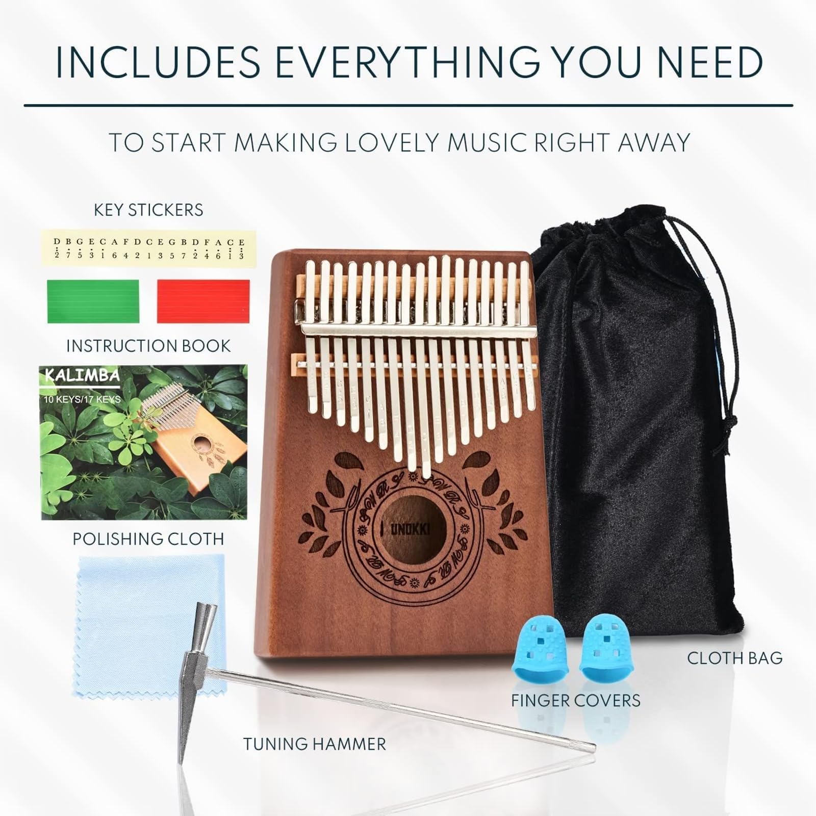 UNOKKI 17-Key Kalimba Thumb Piano - Portable Mahogany Percussion Mbira Instrument - Beginner Tuning Set, Music Instruments for Kids Gifts - Cherry