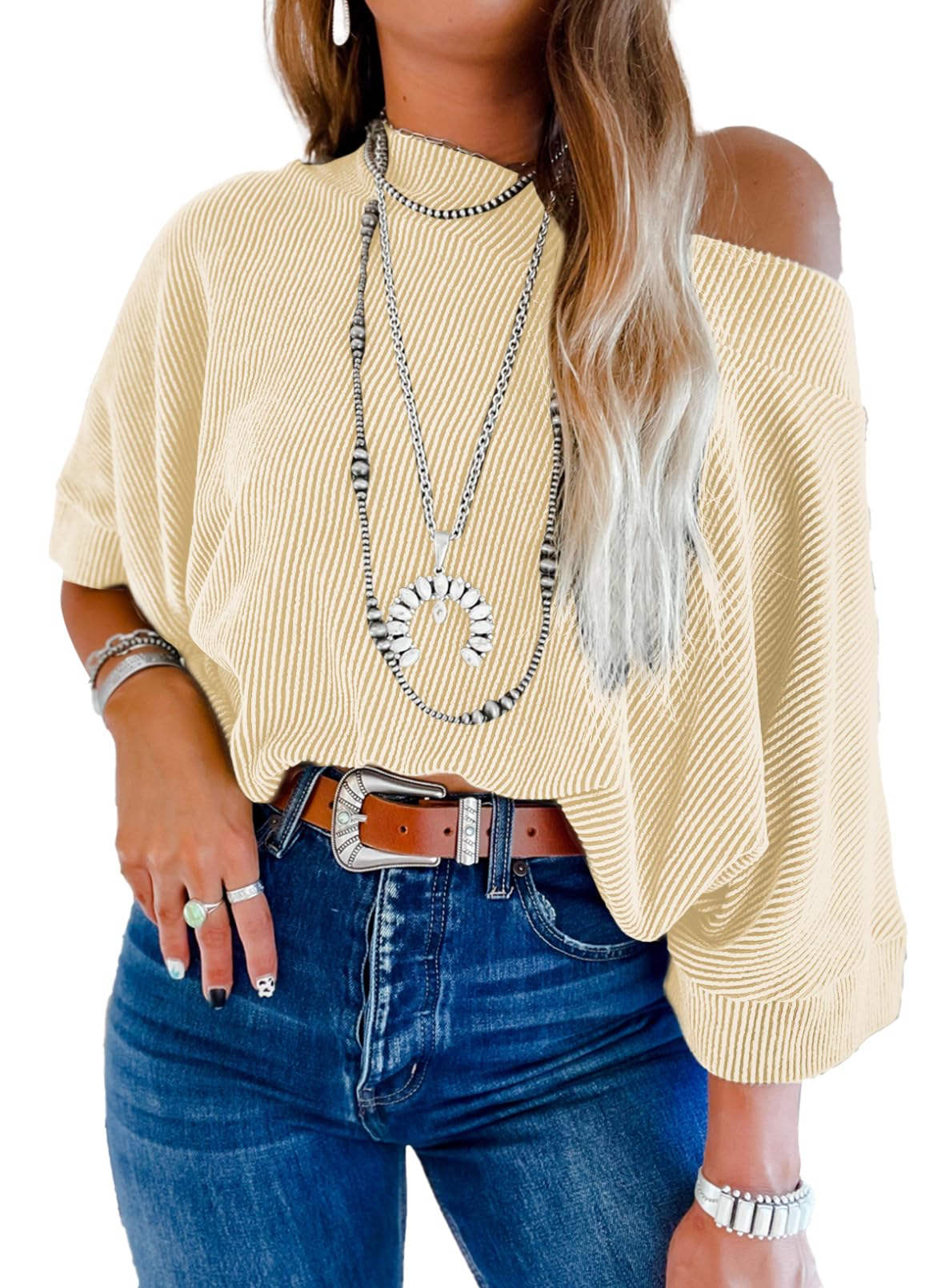 EVALESS Sexy Off The Shoulder Tops for Women 3/4 Length Sleeve Womens Tops Spring Summer 2026 Boat Neck One Shoulder Shirts