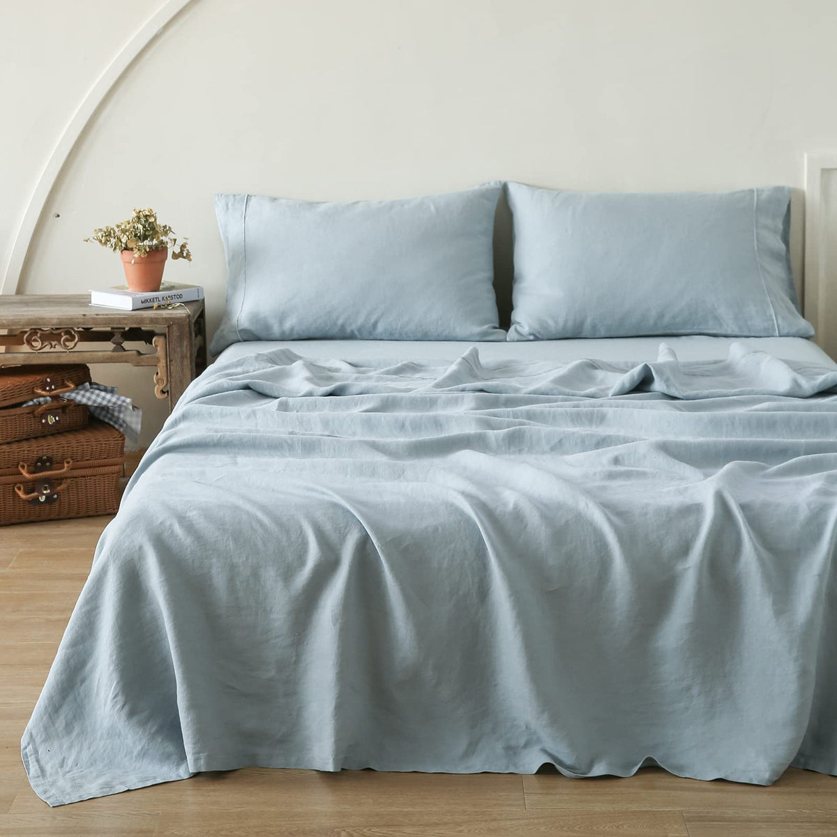 Simple&Opulence 100% Pure Linen Sheet Set Twin Size, Natural French Flax Solid Color 3 Pcs Washed Breathable, Farmhouse Bedding (1 Flat Sheet,1 Fitted Sheet,1 Pillowcase)-Embroidery Dark Grey