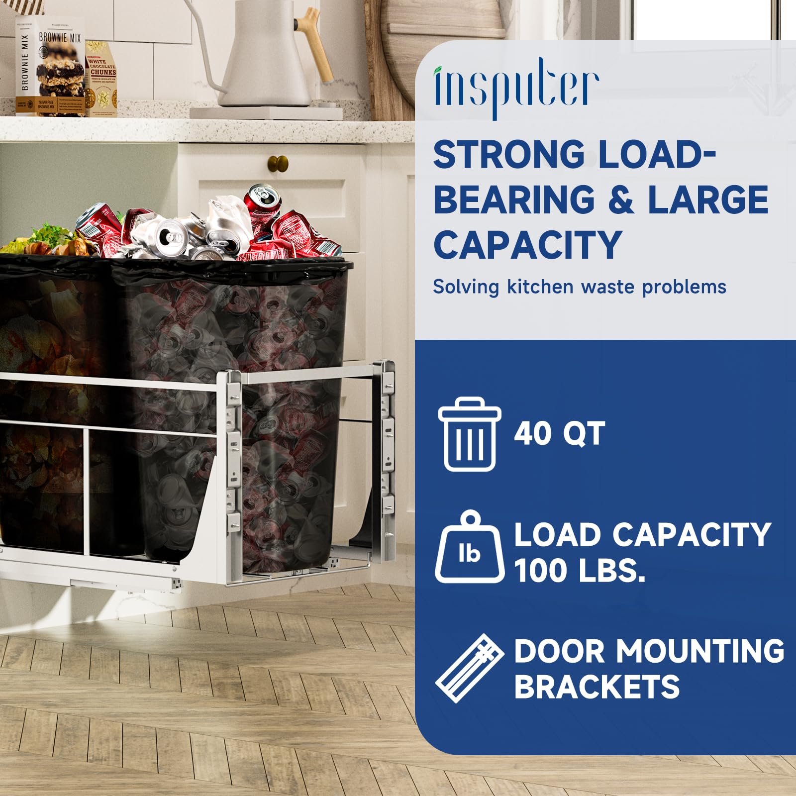 Insputer Pull Out Trash Can Under Cabinet with Push to Open Slides, Heavy Duty Under Sink Garbage Can Kit for Kitchen, Laundry, Not Included Bin, Requires 15" W X 18" D Cabinet (Grey)