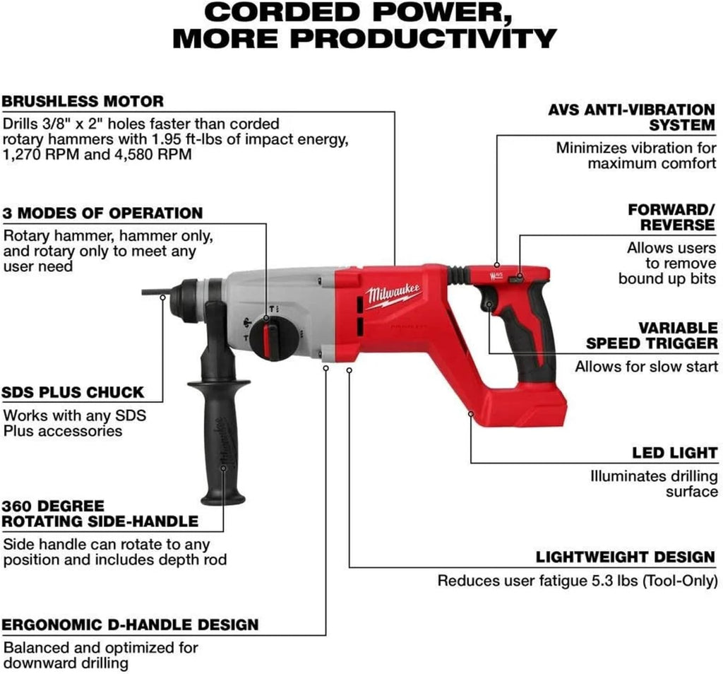 Milwaukee Electric - M18. BRUSHLESS 1. SDS Plus D-Handle Rotary Hammer