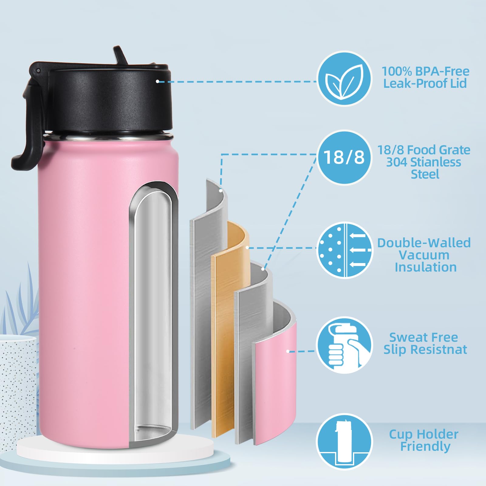 Volhoply Kids Insulated Water Bottle with Straw,16oz Stainless Steel Cold Water Bottles for School,BPA-Free Metal Wide Mouth Cups with Handle Lid,Reusable Double Wall Vacuum Sport Flask(Black,1)
