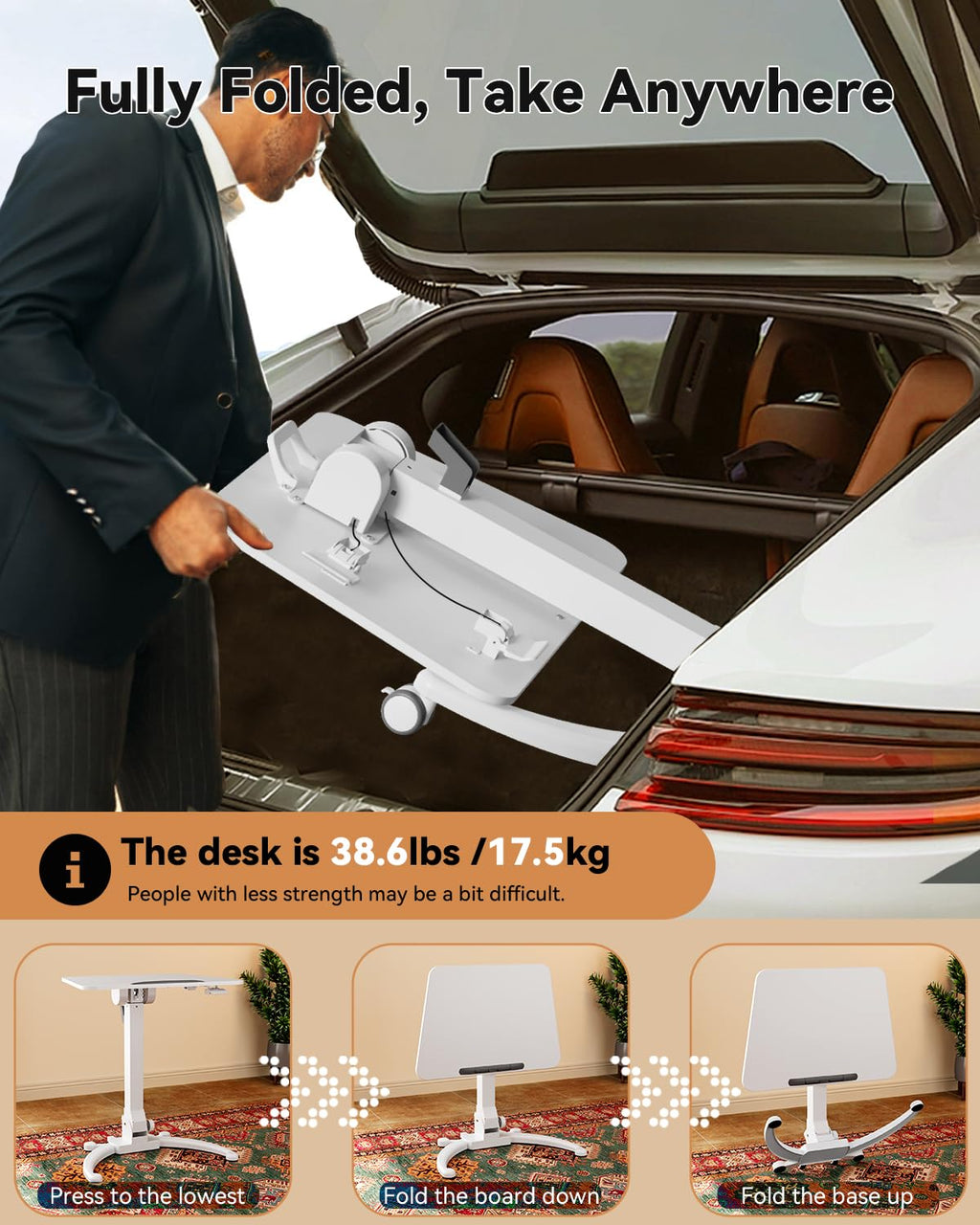 JOY worker Foldable Mobile Standing Desk, Height Adjustable Sit Stand Desk, 90° Tiltable Rolling Laptop Table, Portable Workstation with Non-Slip Mat for Home Office, Holds Up to 22lbs, Black