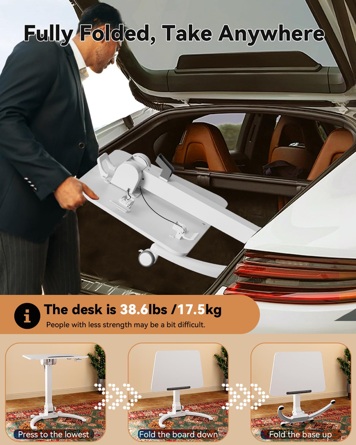JOY worker Foldable Mobile Standing Desk, Height Adjustable Sit Stand Desk, 90° Tiltable Rolling Laptop Table, Portable Workstation with Non-Slip Mat for Home Office, Holds Up to 22lbs, Black