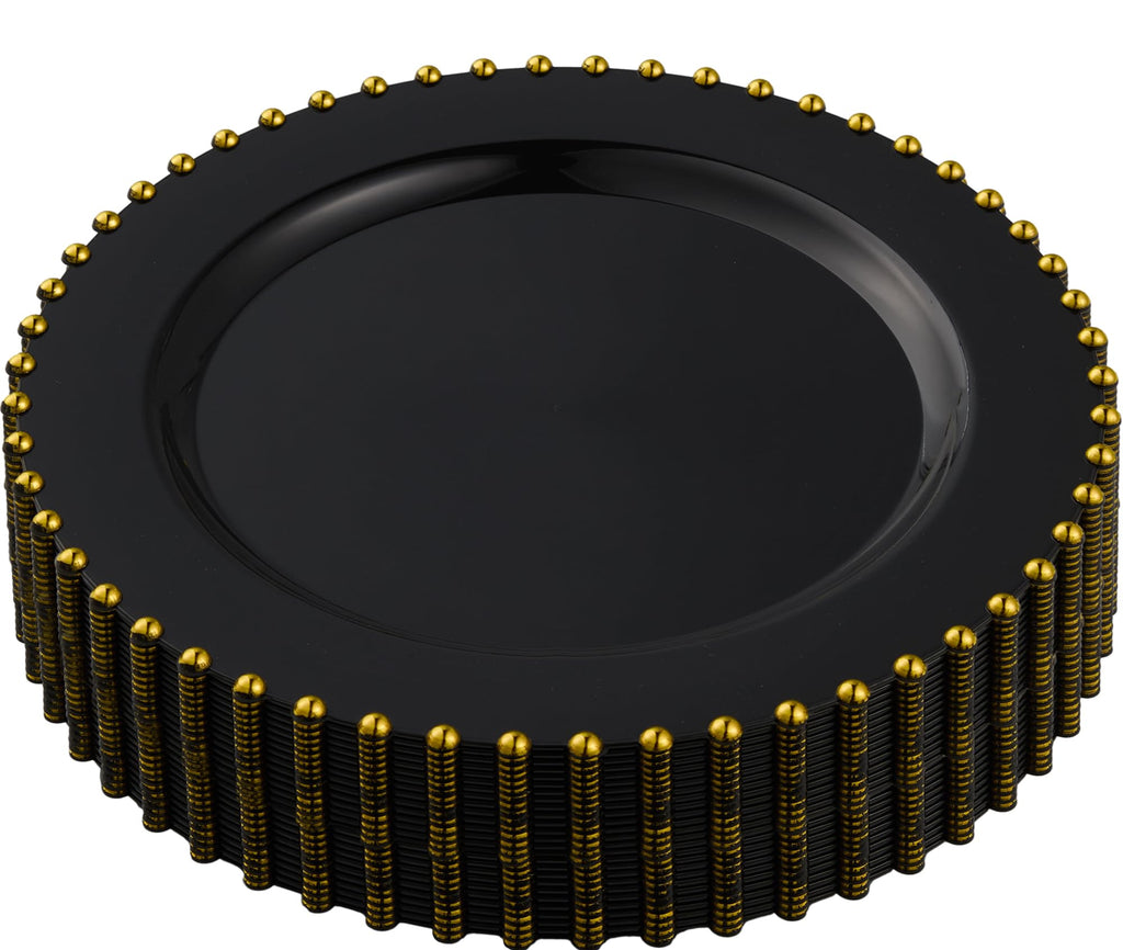 PLASTICPRO 32 Piece Combo Plastic Dinner Plates Disposable Plastic Fancy Heavy Duty Party Dishes 7 inch and 10 inch, Black and Gold Beaded